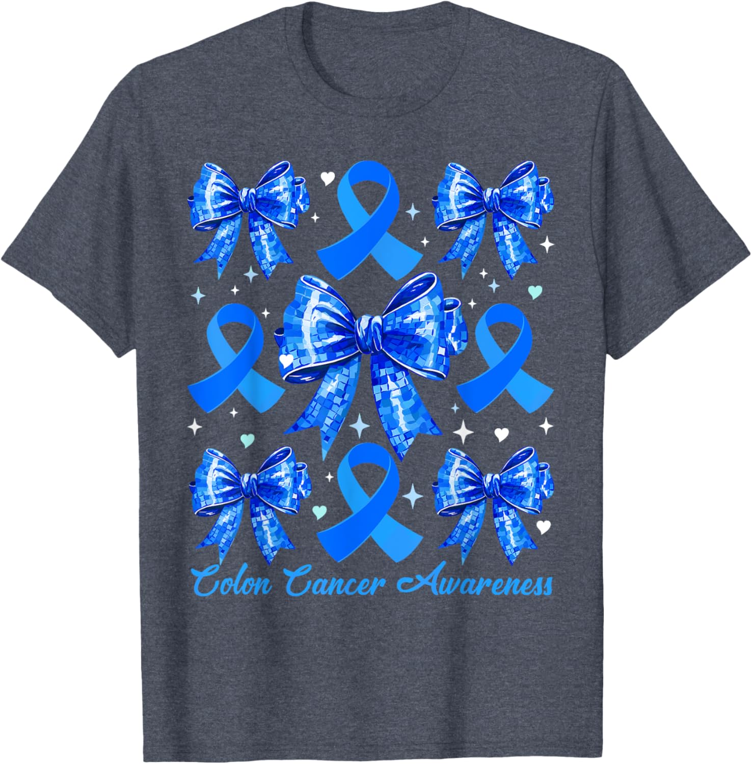 Retro Coquette Blue Ribbon T-Shirt for Women's Colon Cancer Awareness - 8