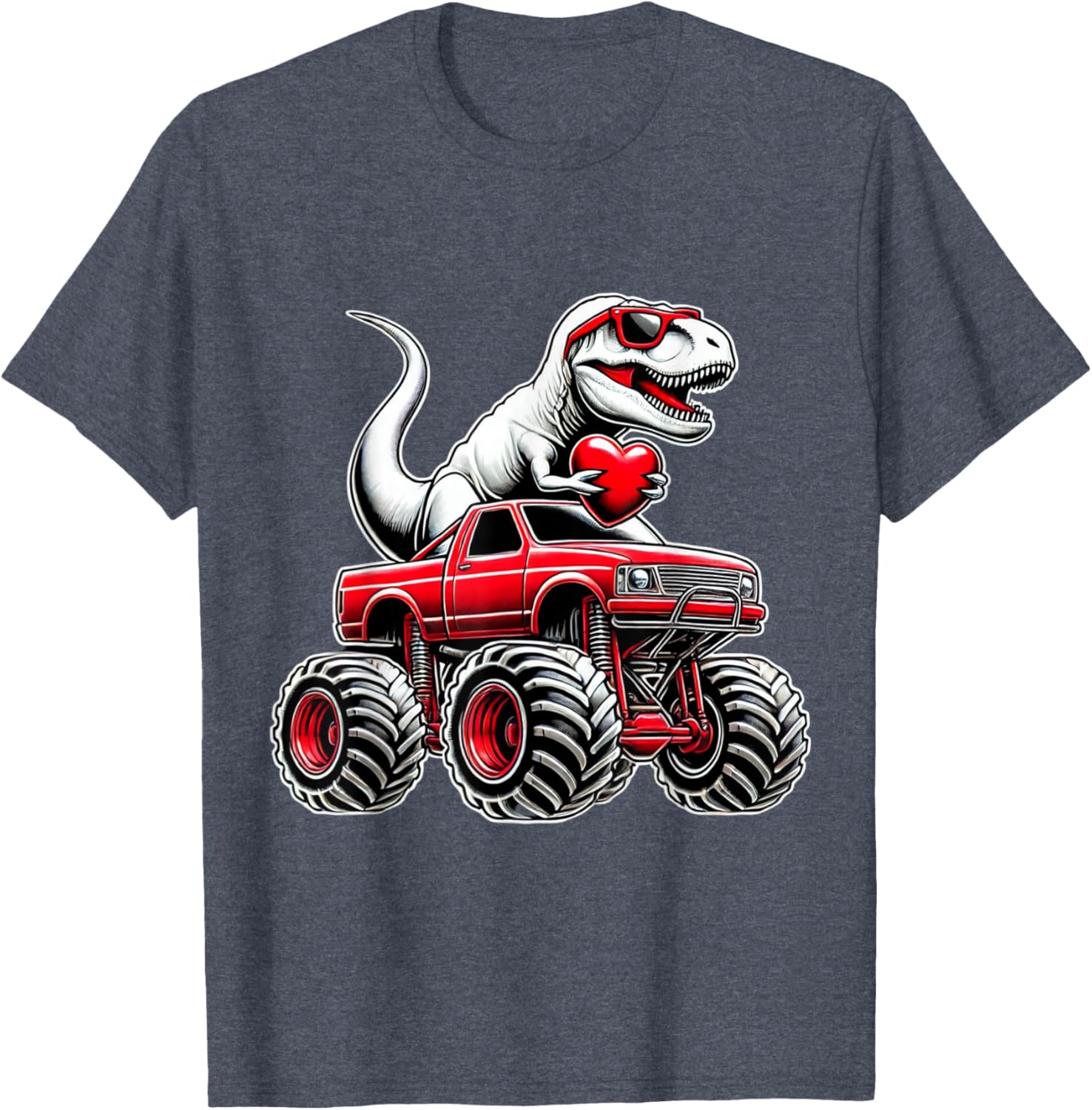 Funny T Rex Riding Monster Truck T-Shirt for Boys Celebrating Valentine's Day - 6