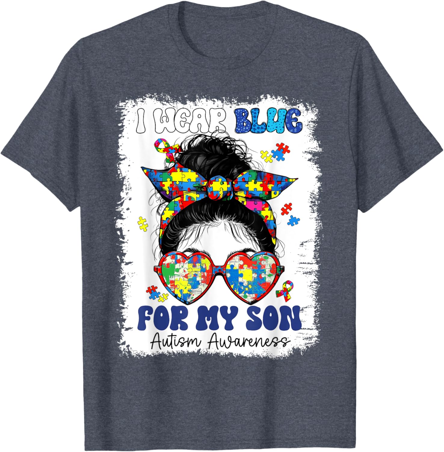 Mom Messy Bun Autism Awareness Puzzle T-Shirt for Proud Mothers - 9