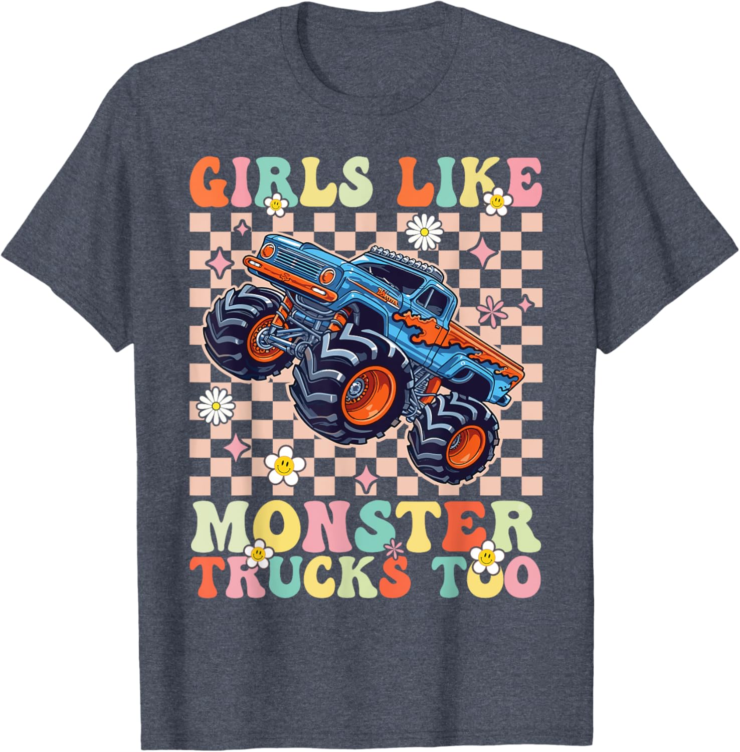 Funny Girls Love Monster Trucks Too Pink T-Shirt for Kids and Teens - 9