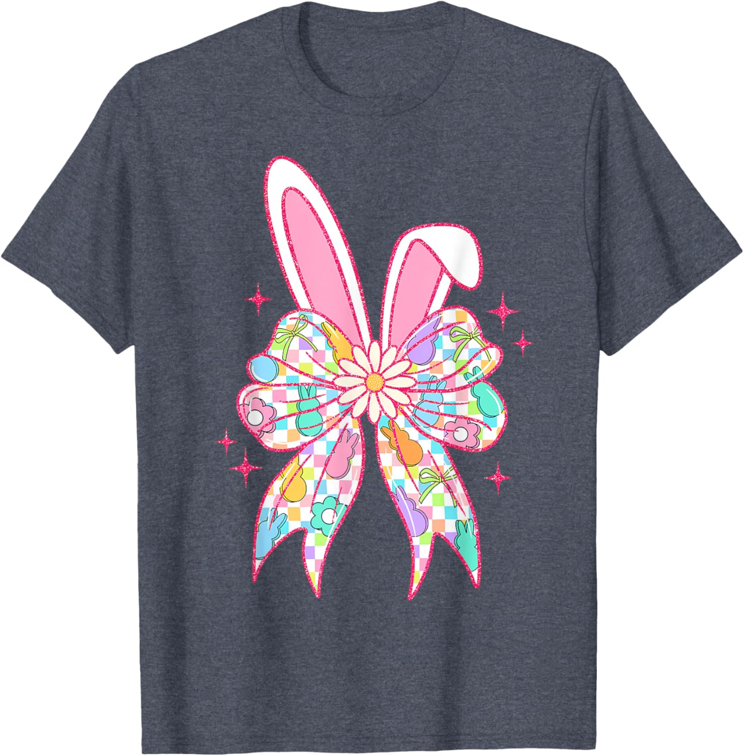 Groovy Checkered Bunny Bow Ears T-Shirt for Girls and Teens - 14