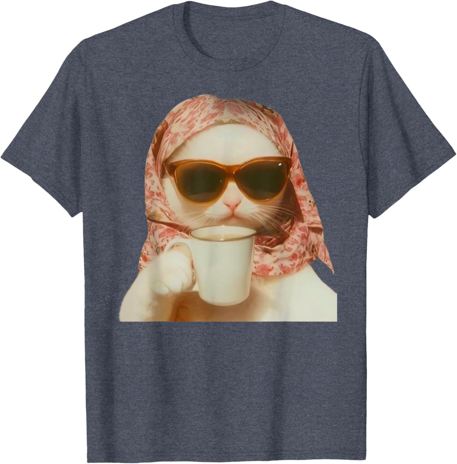 Funny Cat with Glasses and Headscarf Holding Cup T-Shirt for All Ages - 8