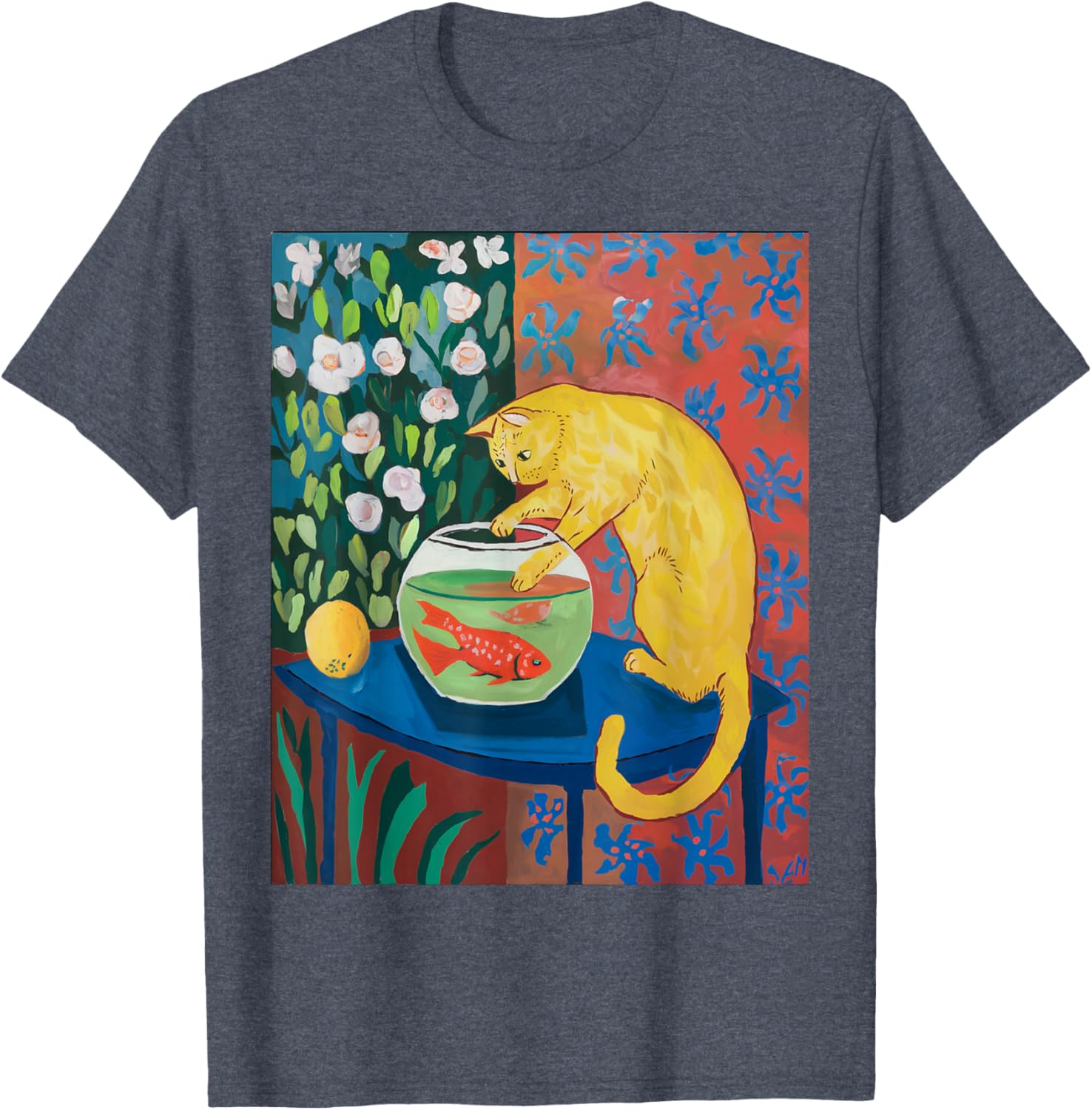 Vintage Matisse Cat T-Shirt with Red Fishes Fun Retro Style Apparel - 7
