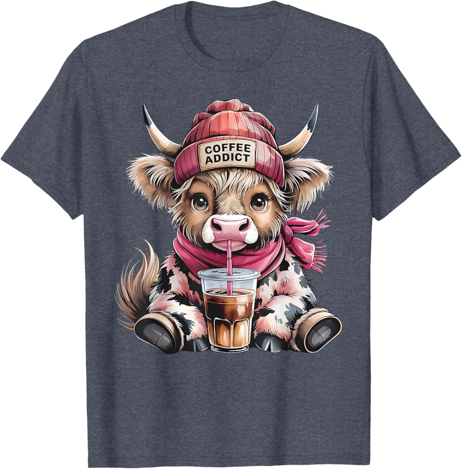 Cute Highland Cow Coffee Addict T-Shirt for Women with Beanie Hat - 9