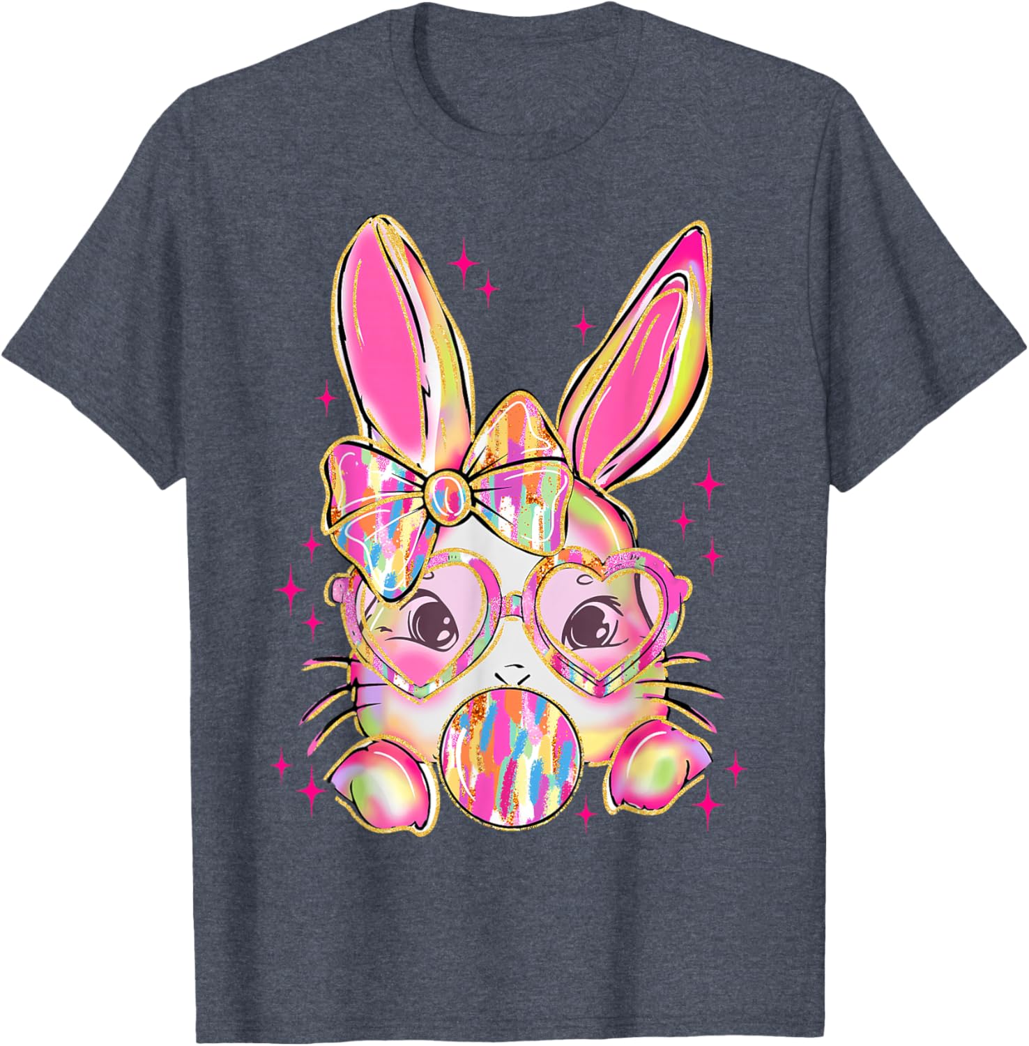 Cute Brushstroke Bunny Blowing Bubble Gum Easter Bow T-Shirt for Kids - 3