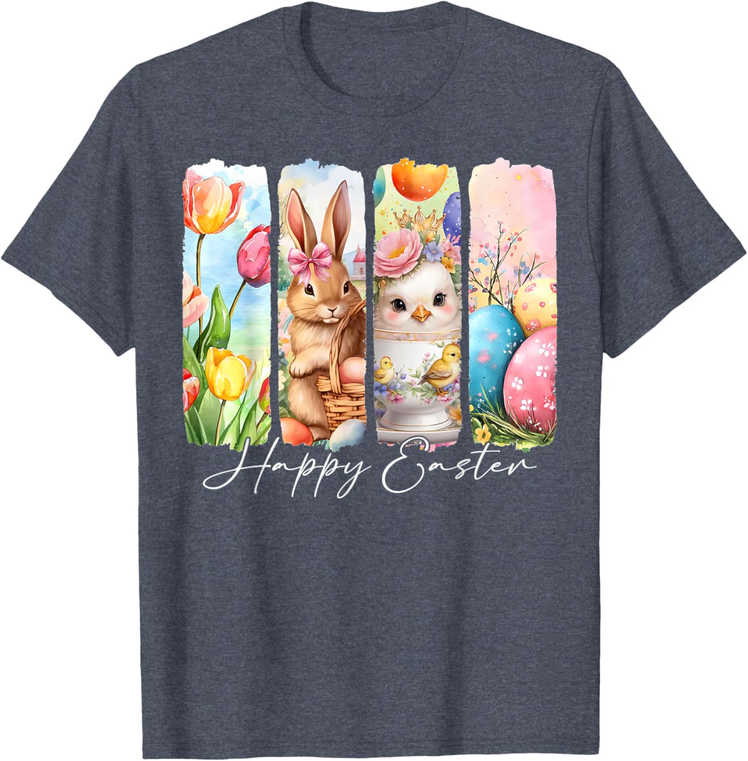 Retro Bunny and Chick Happy Easter T-Shirt with Floral Design - 7