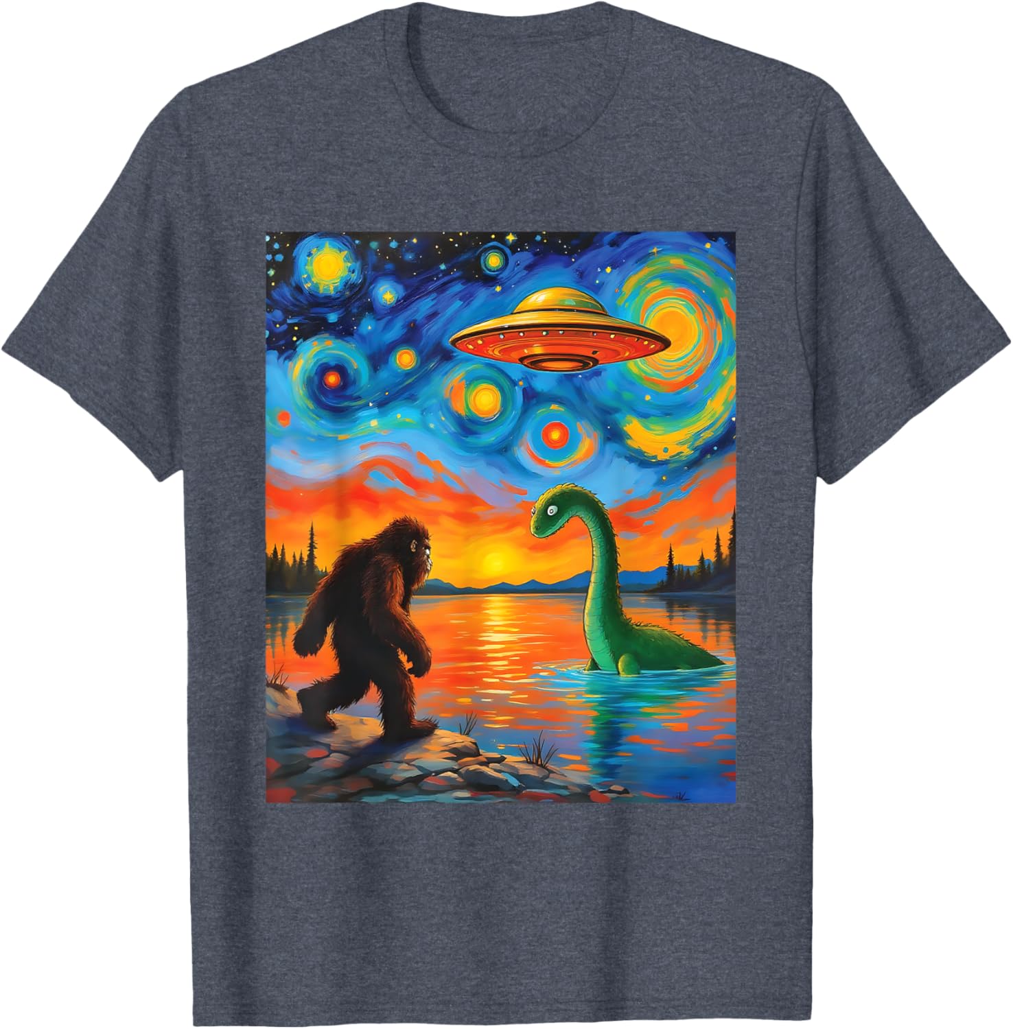 Bigfoot UFO Alien Encounter T-Shirt Inspired by Van Gogh's Starry Night - 9