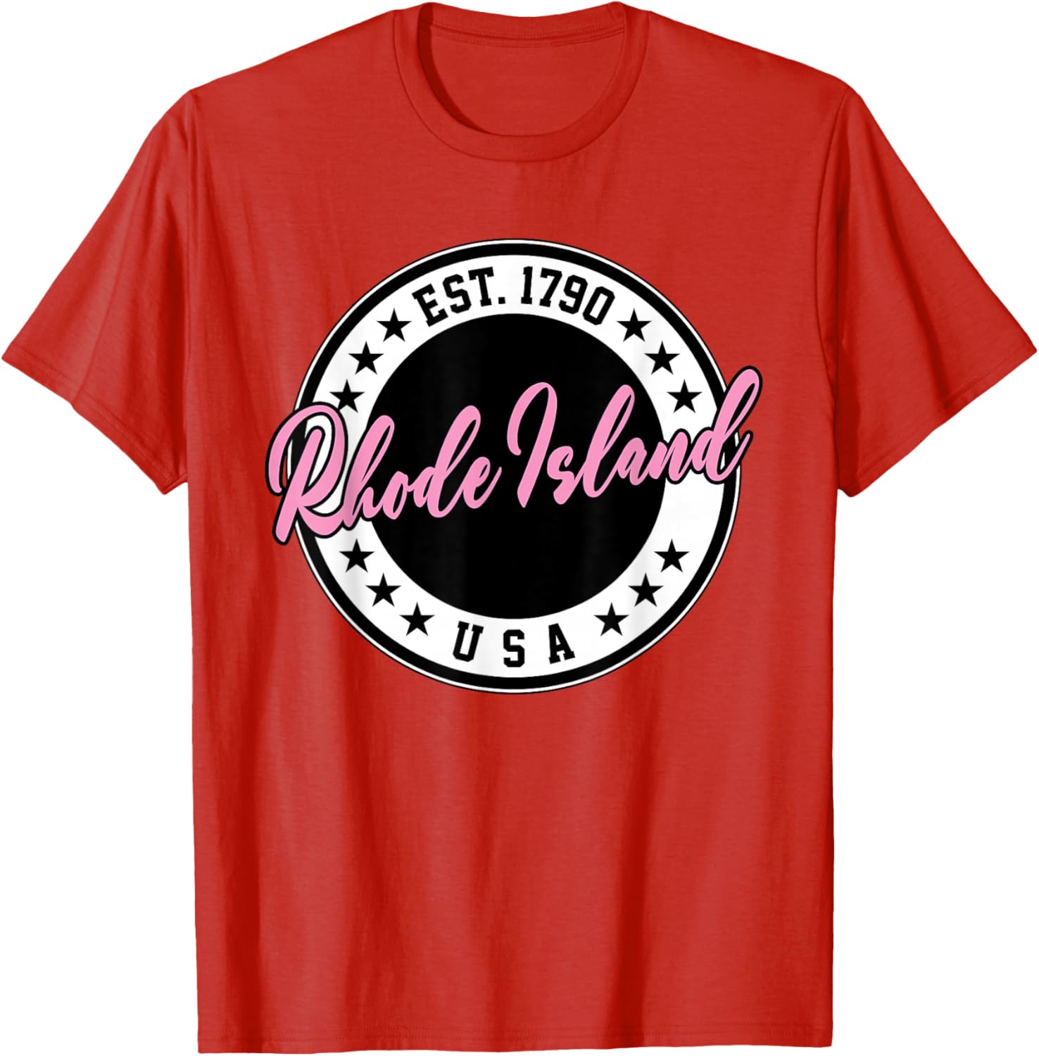 Rhode Island USA Script Circle Pink Text T-Shirt for Stylish Comfort - 13