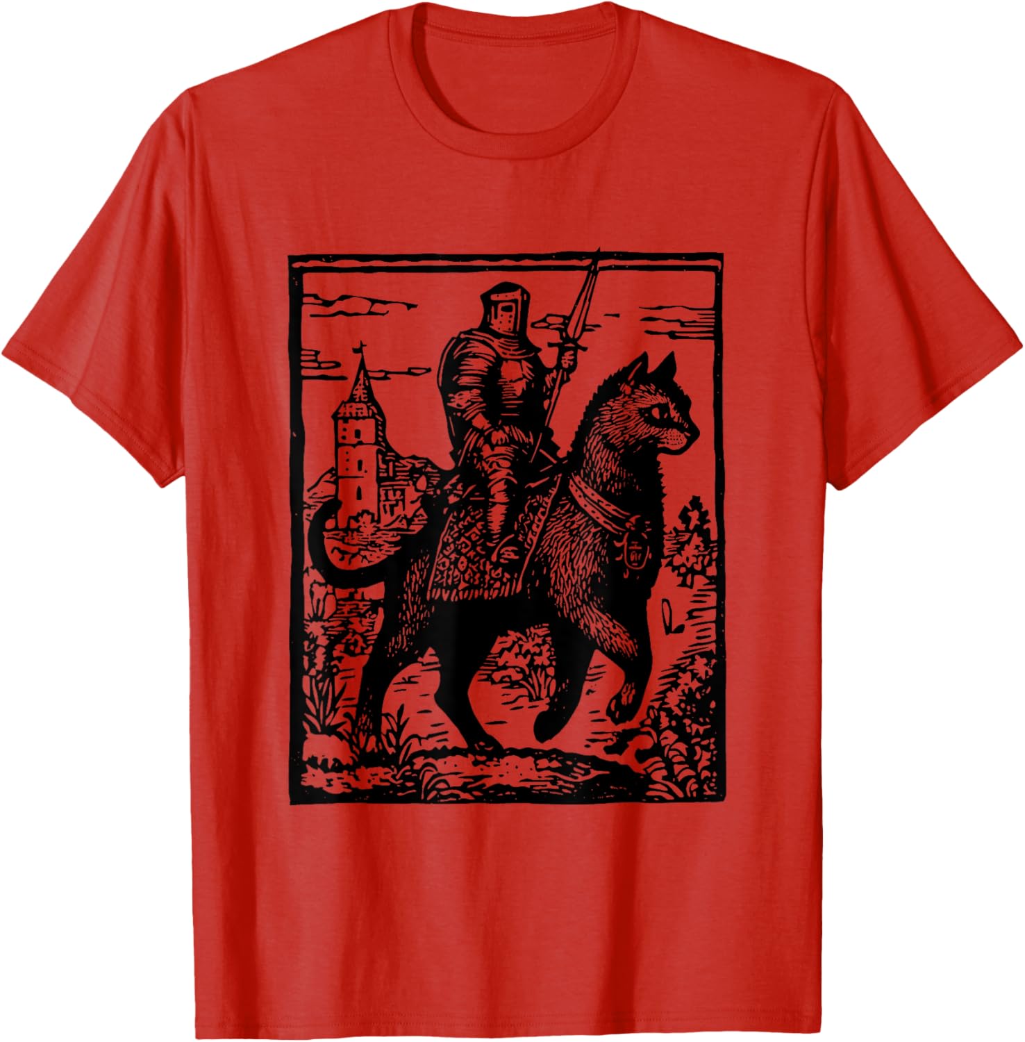 Funny 90s Knight Cat Rider T-Shirt | Retro Dark Art Cat Meme Tee - 14