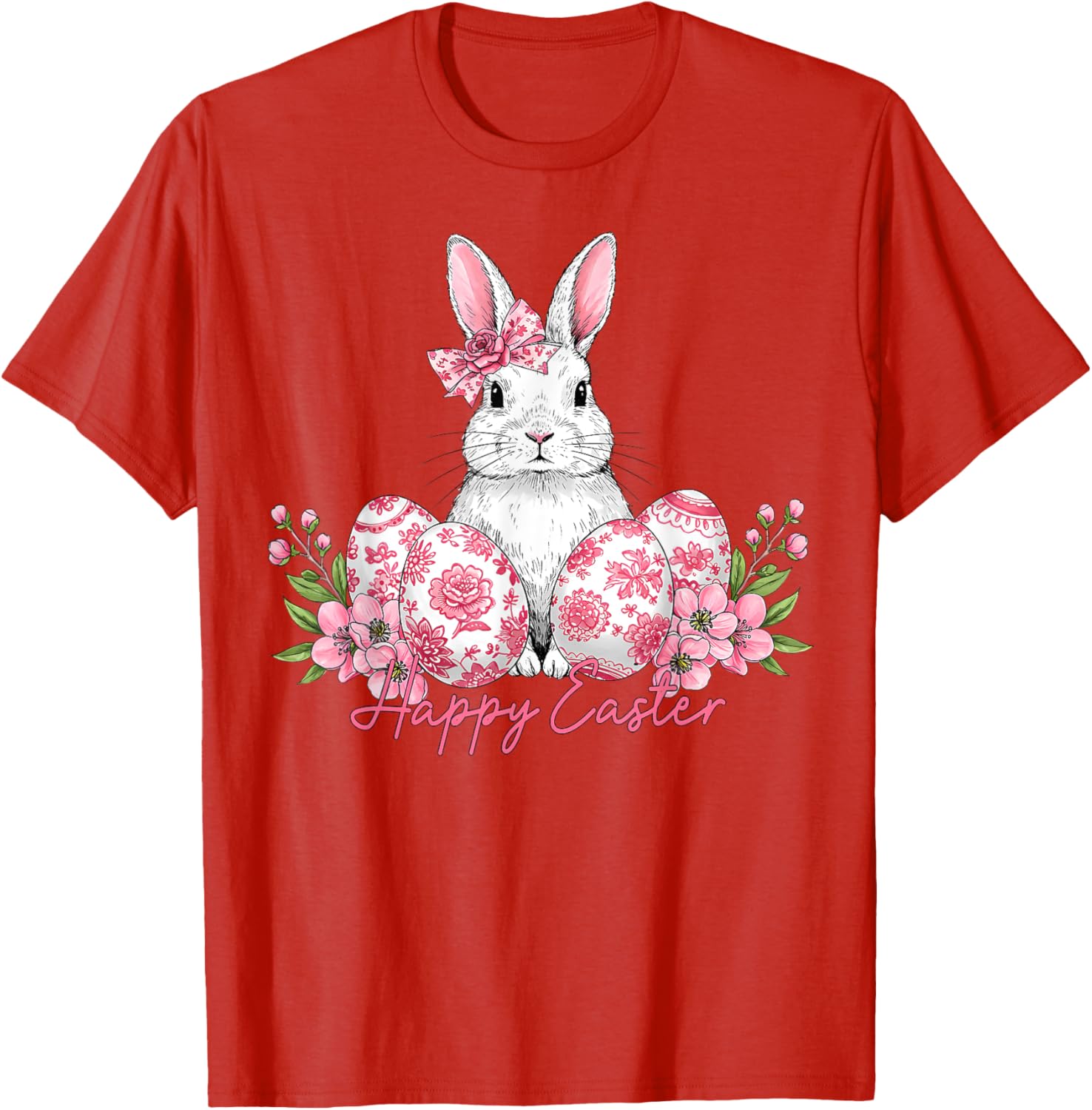 Happy Easter Chinoiserie Floral Bunny Bow T-Shirt for Festive Style - 7