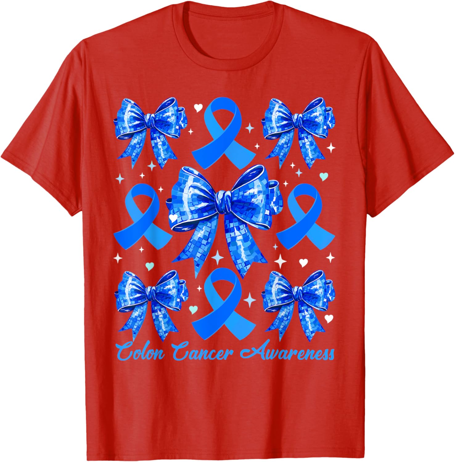 Retro Coquette Blue Ribbon T-Shirt for Women's Colon Cancer Awareness - 4