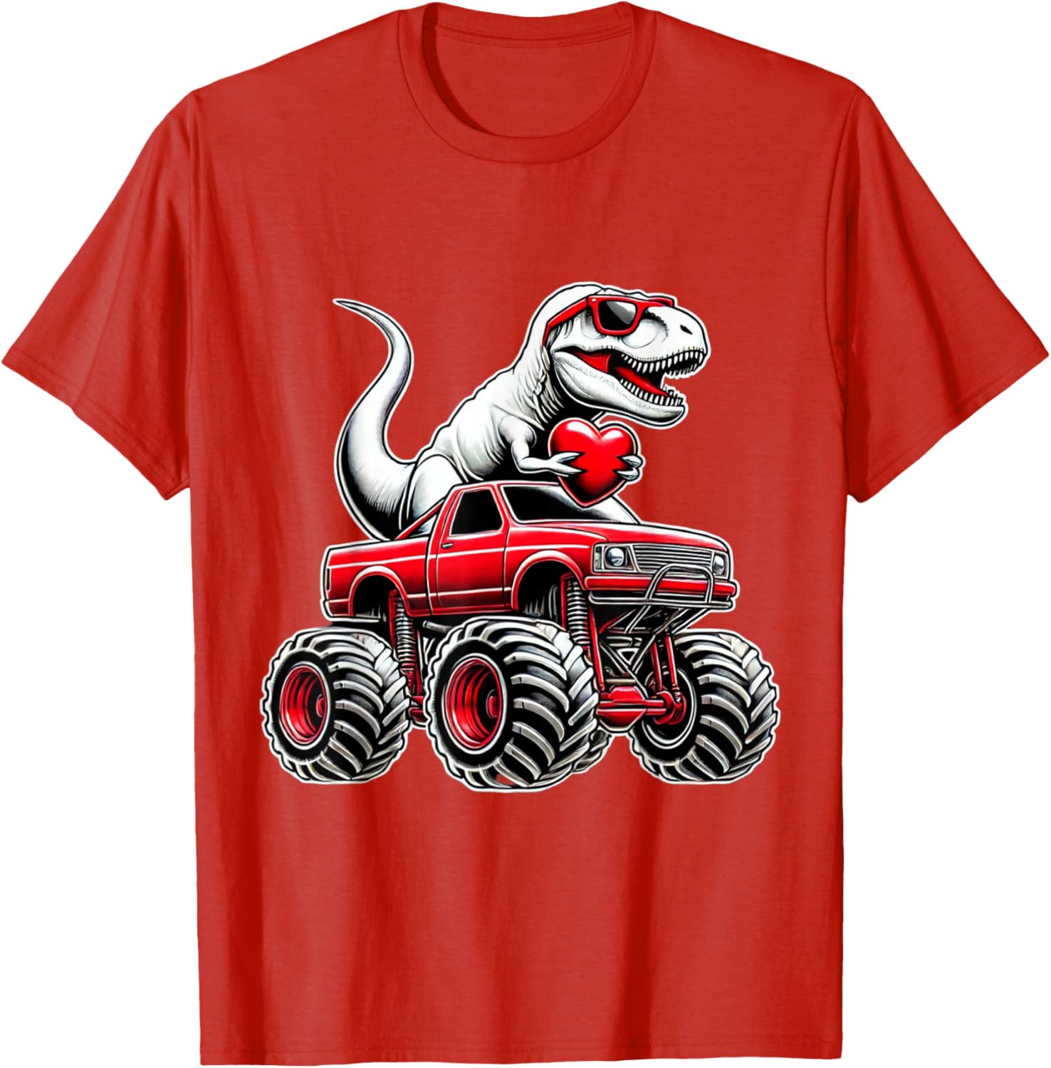 Funny T Rex Riding Monster Truck T-Shirt for Boys Celebrating Valentine's Day - 18