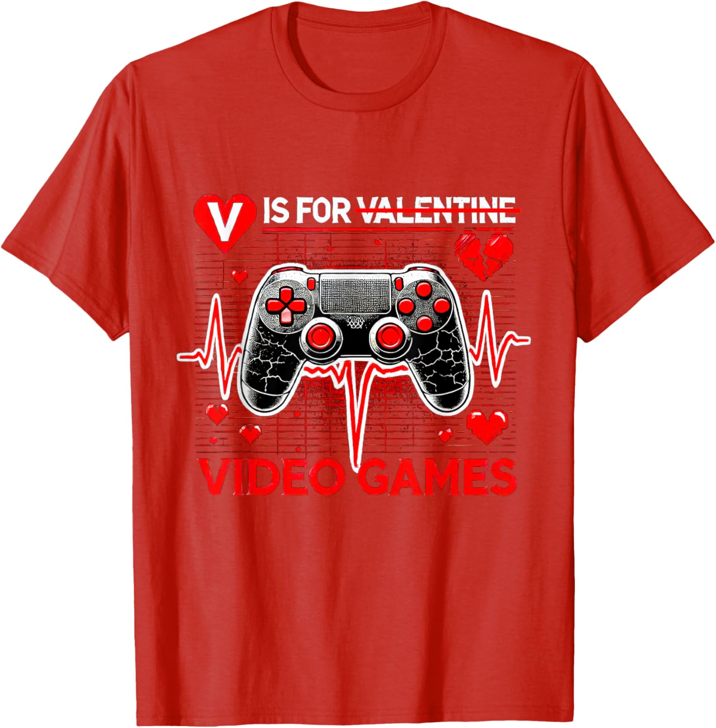 V Is For Video Games Heartbeat Valentine's Day T-Shirt for Gamers - 21