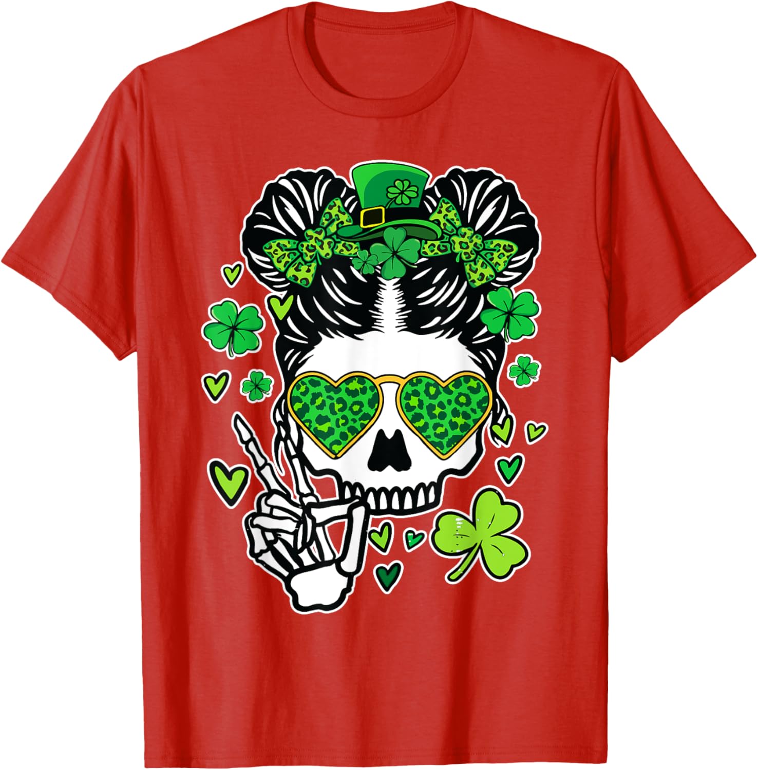 St Patrick's Day Skull Messy Bun Women’s T-Shirt for Festive Style - 22