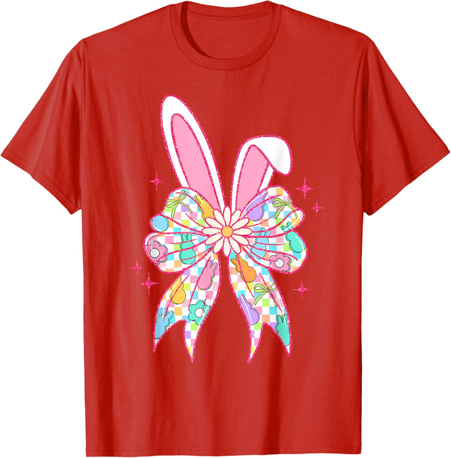 Groovy Checkered Bunny Bow Ears T-Shirt for Girls and Teens - 17