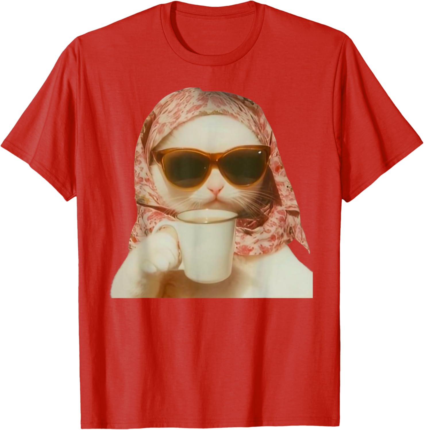 Funny Cat with Glasses and Headscarf Holding Cup T-Shirt for All Ages - 17