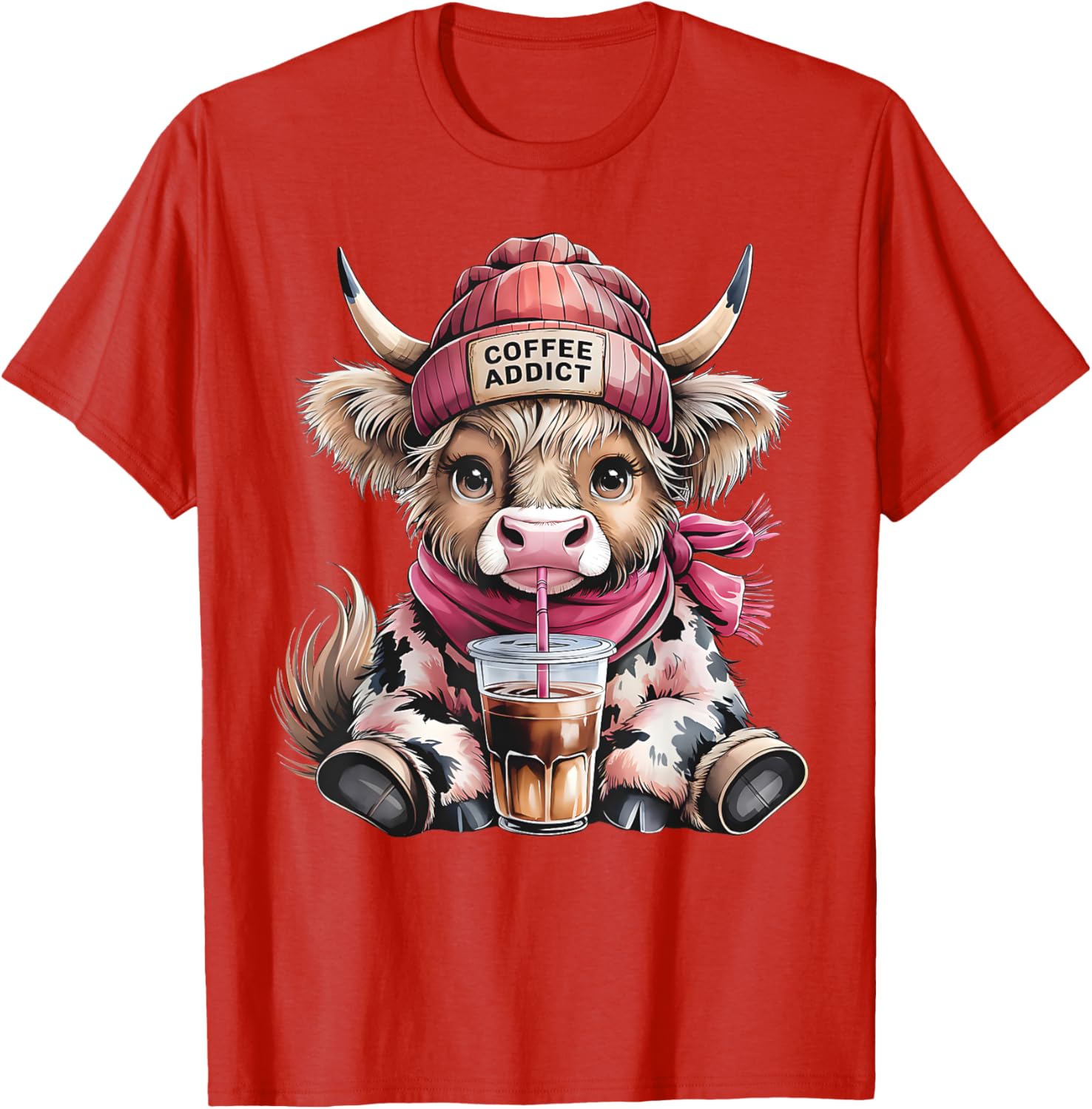Cute Highland Cow Coffee Addict T-Shirt for Women with Beanie Hat - 20