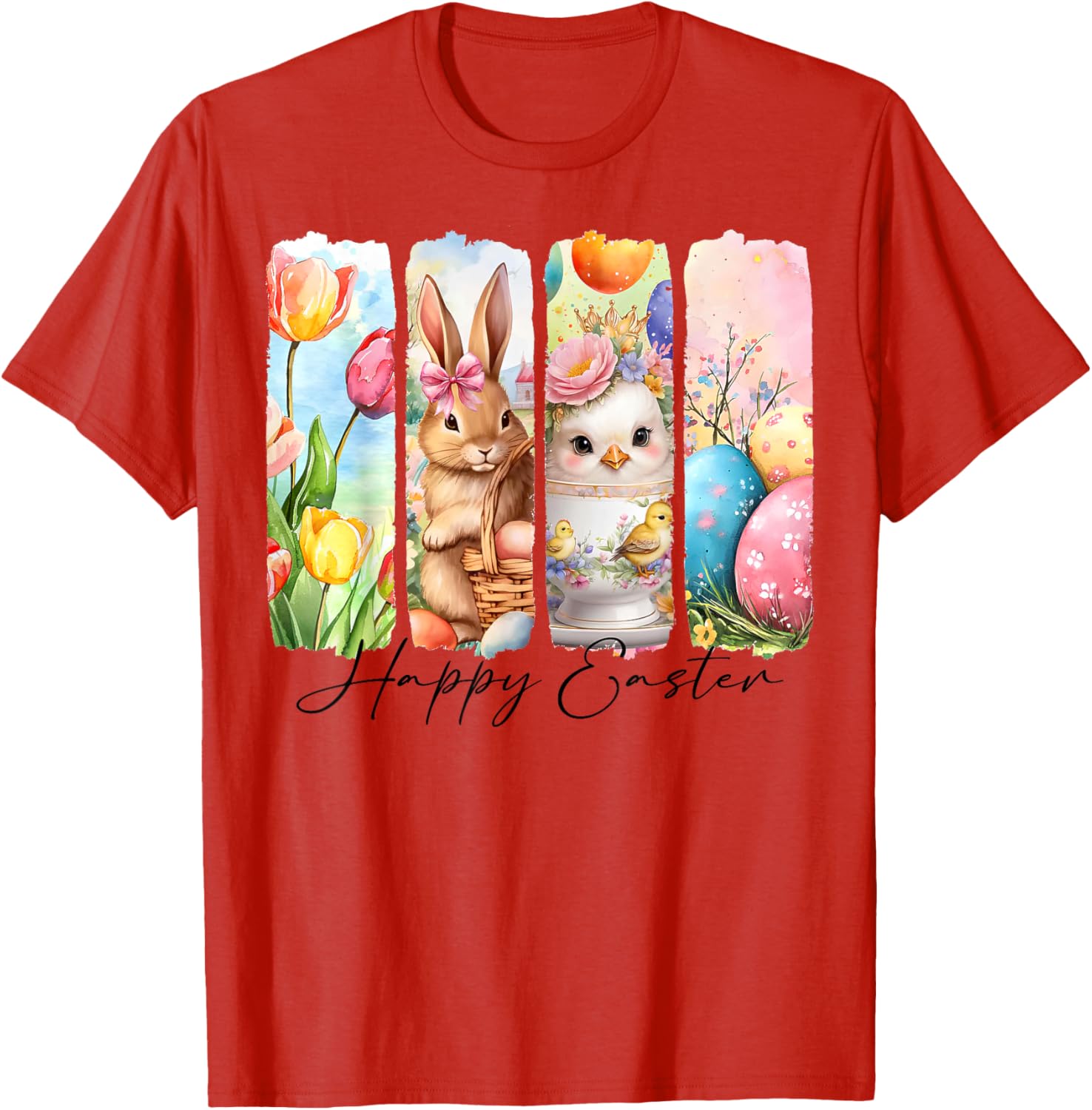 Retro Happy Easter Bunny and Chick T-Shirt with Floral Design - 7