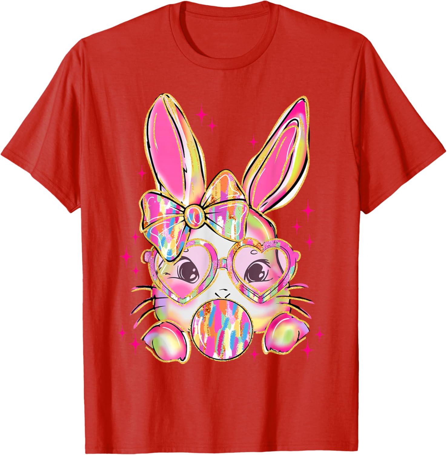 Cute Brushstroke Bunny Blowing Bubble Gum Easter Bow T-Shirt for Kids - 5