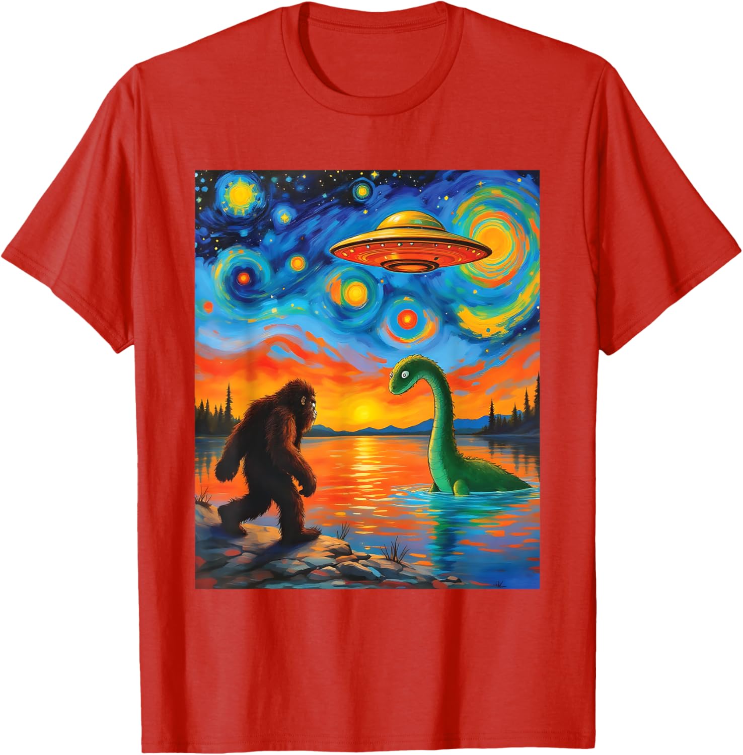 Bigfoot UFO Alien Encounter T-Shirt Inspired by Van Gogh's Starry Night - 20