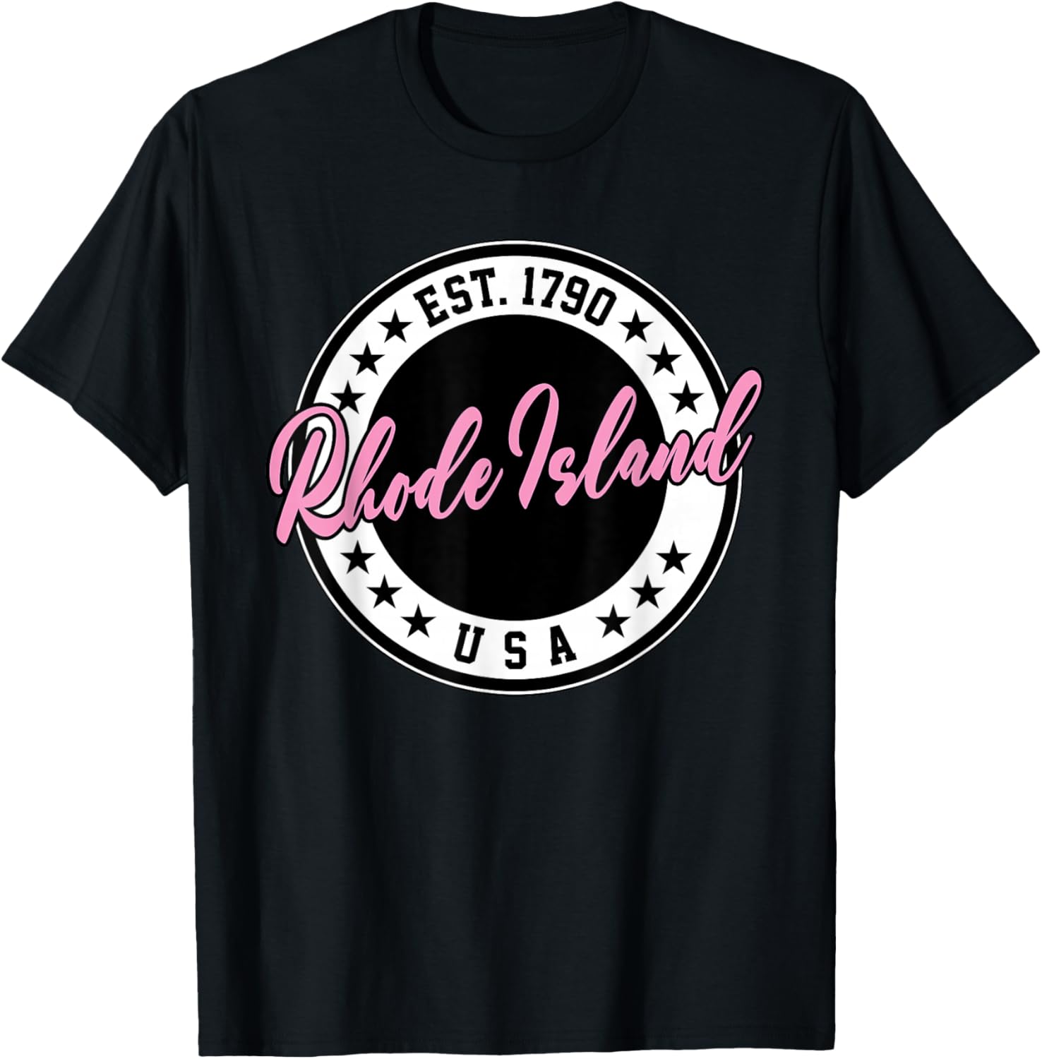 Rhode Island USA Script Circle Pink Text T-Shirt for Stylish Comfort - 1