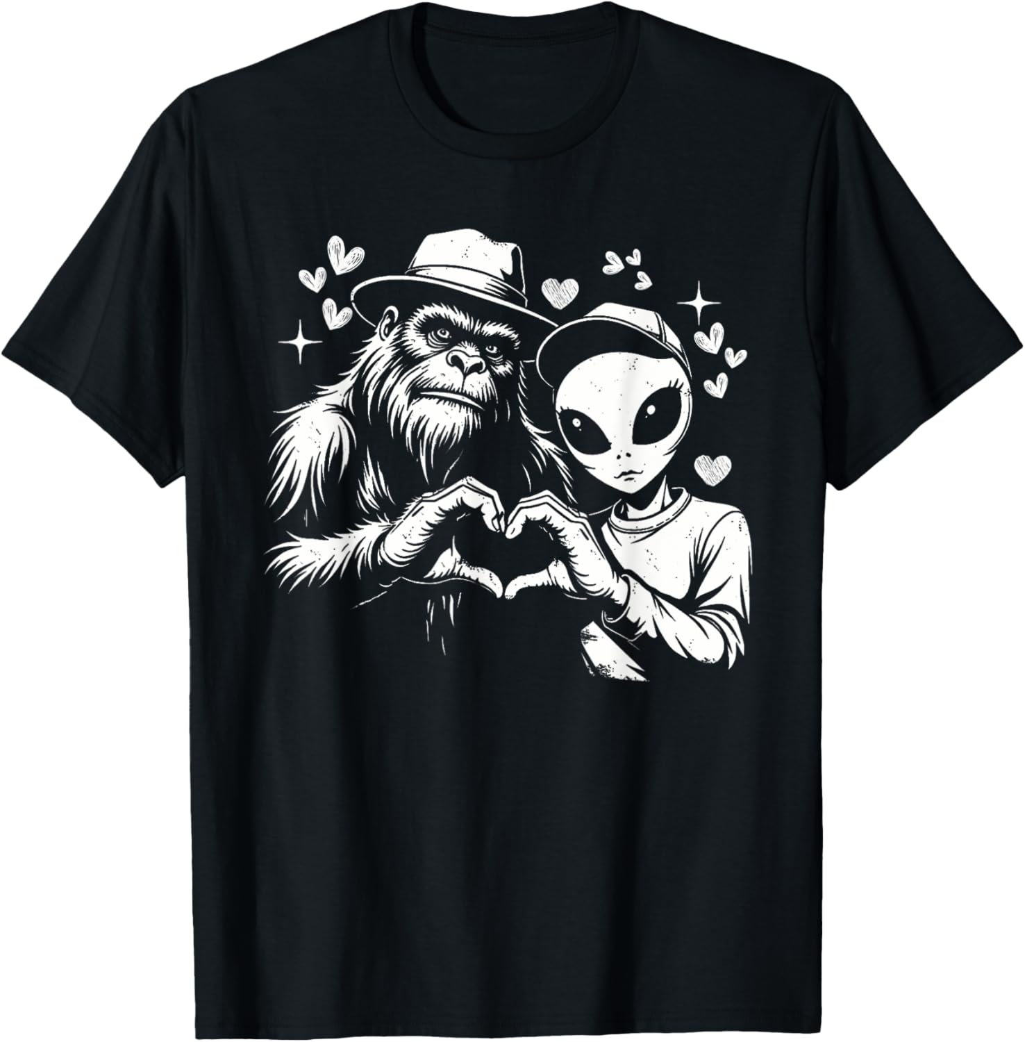 Funny Bigfoot and Alien Love Hand Sign T-Shirt for Unique Style - 2