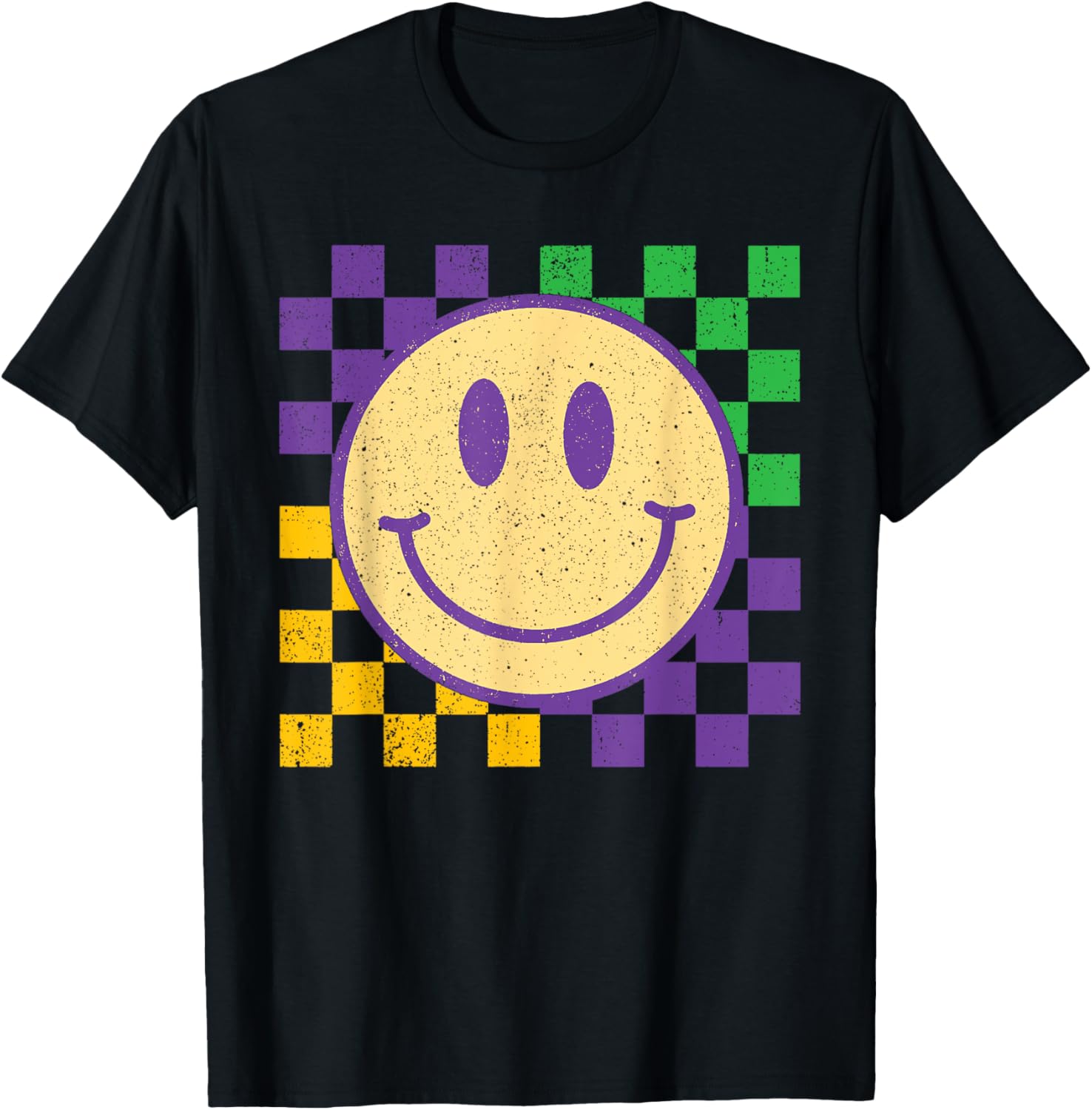 Groovy Mardi Gras Smile Face Checkered T-Shirt for Men, Women, Kids - 9