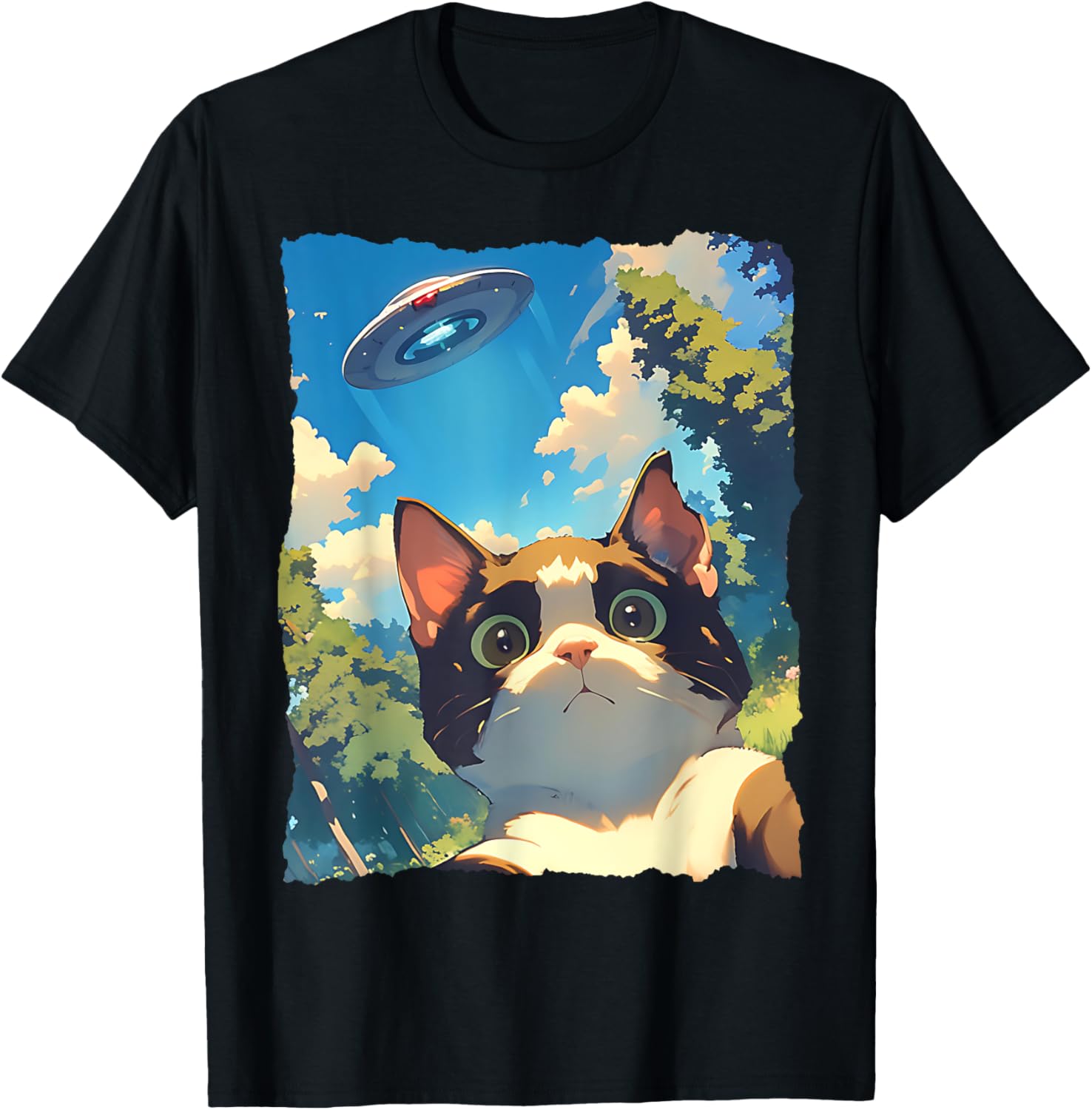 Funny Anime Cat UFO Selfie T-Shirt for Kids and Adults - Cute Clothing - 8