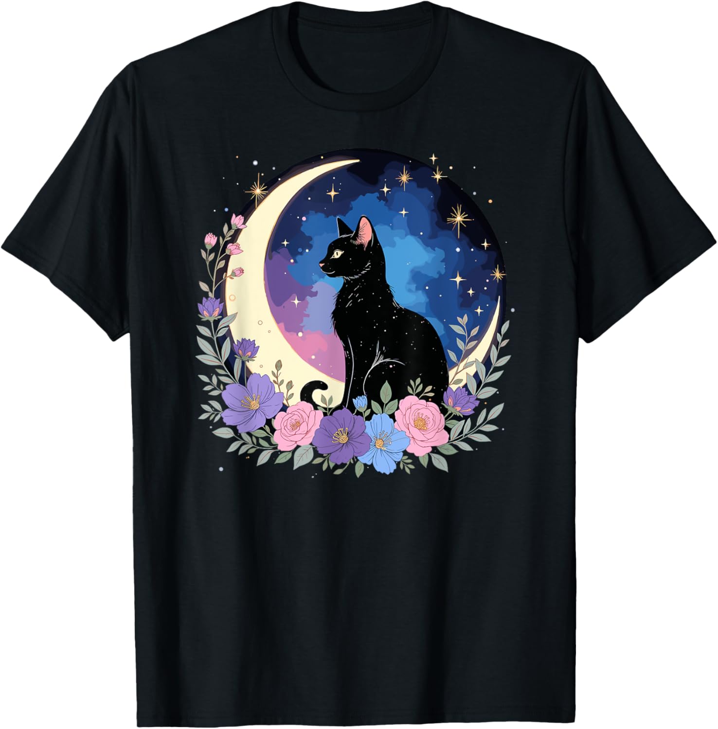 Cute Vintage Black Cat T-Shirt with Moon and Flowers for All Ages - 1