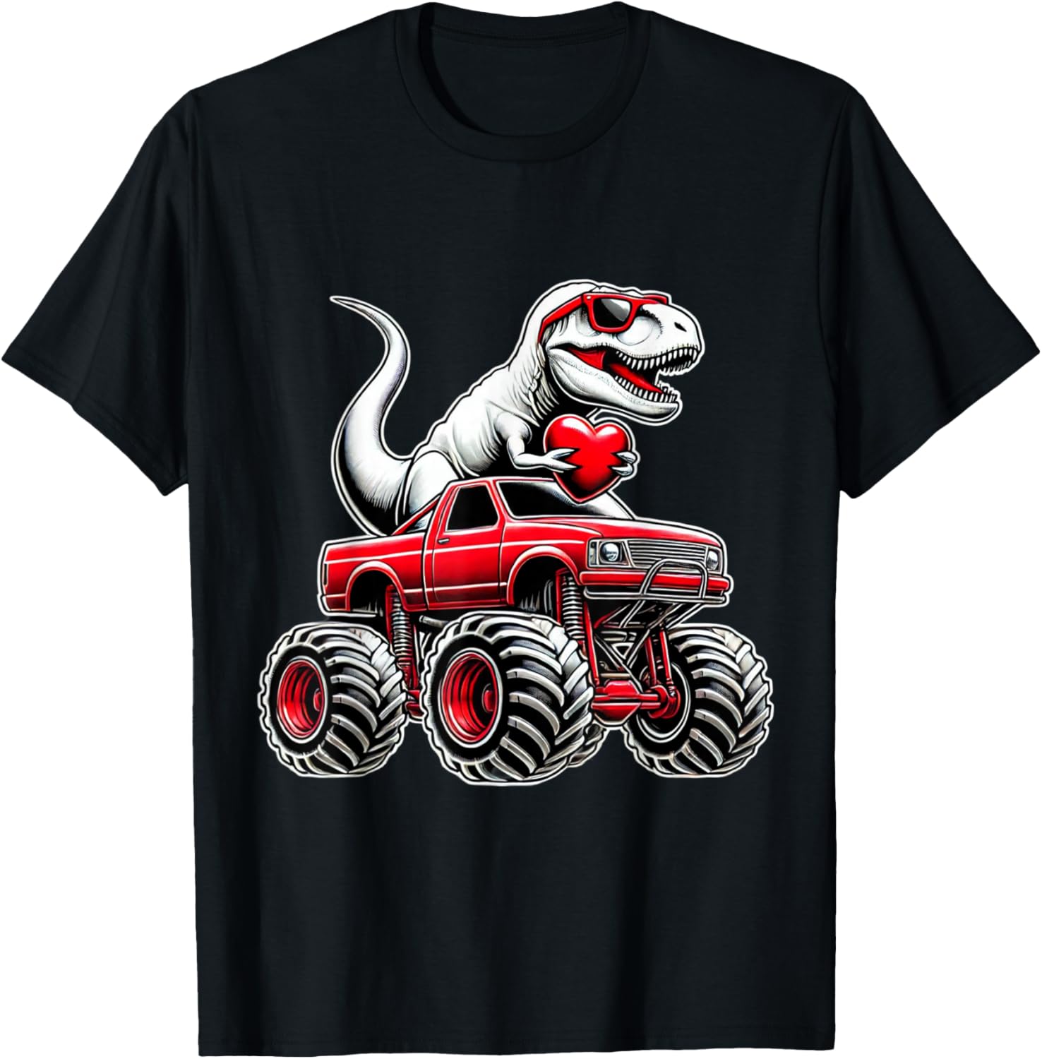 Funny T Rex Riding Monster Truck T-Shirt for Boys Celebrating Valentine's Day - 10