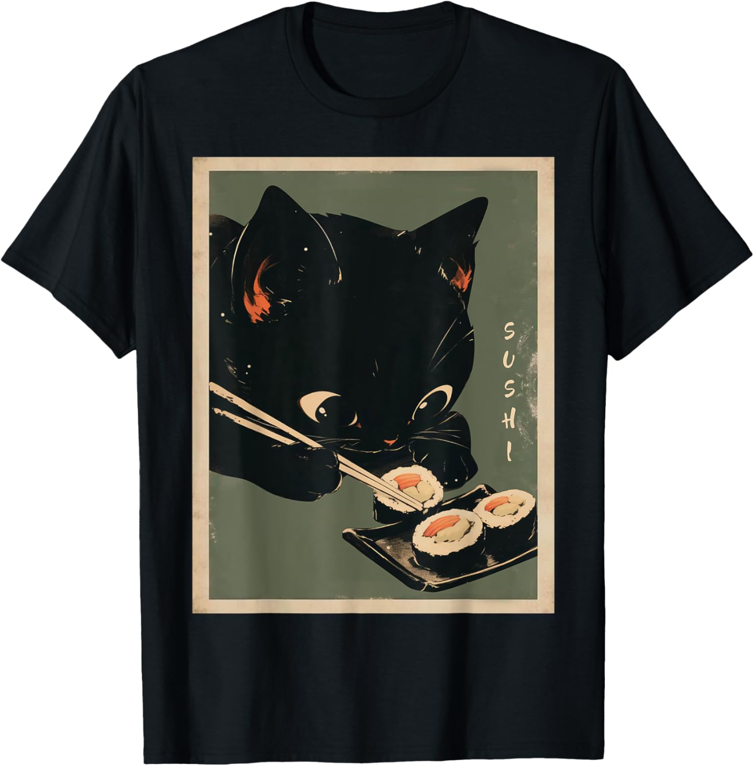 Kawaii Cat Eating Sushi Anime T-Shirt for Cute Cat Lovers - 4