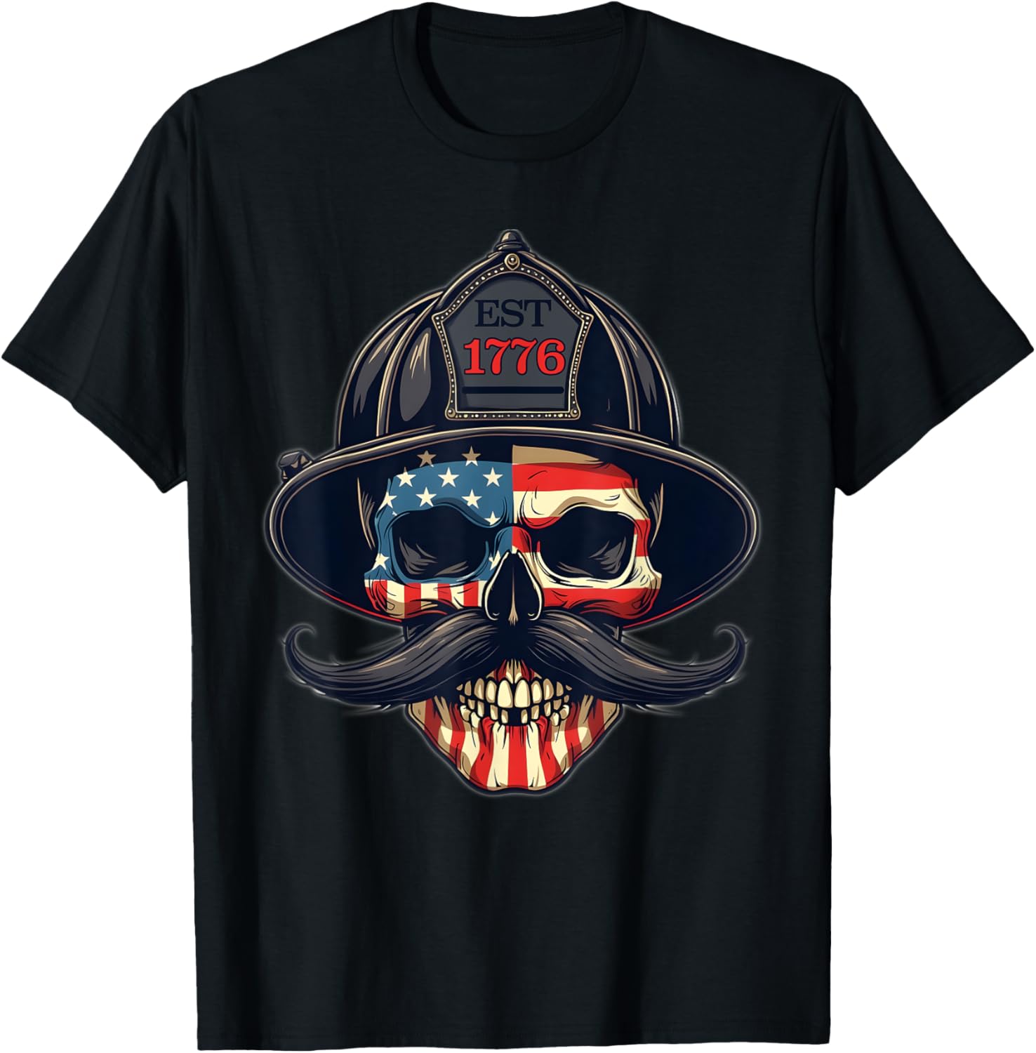 Firefighter Skull Mustache USA Flag T-Shirt for Firemen and Firefighters - 7