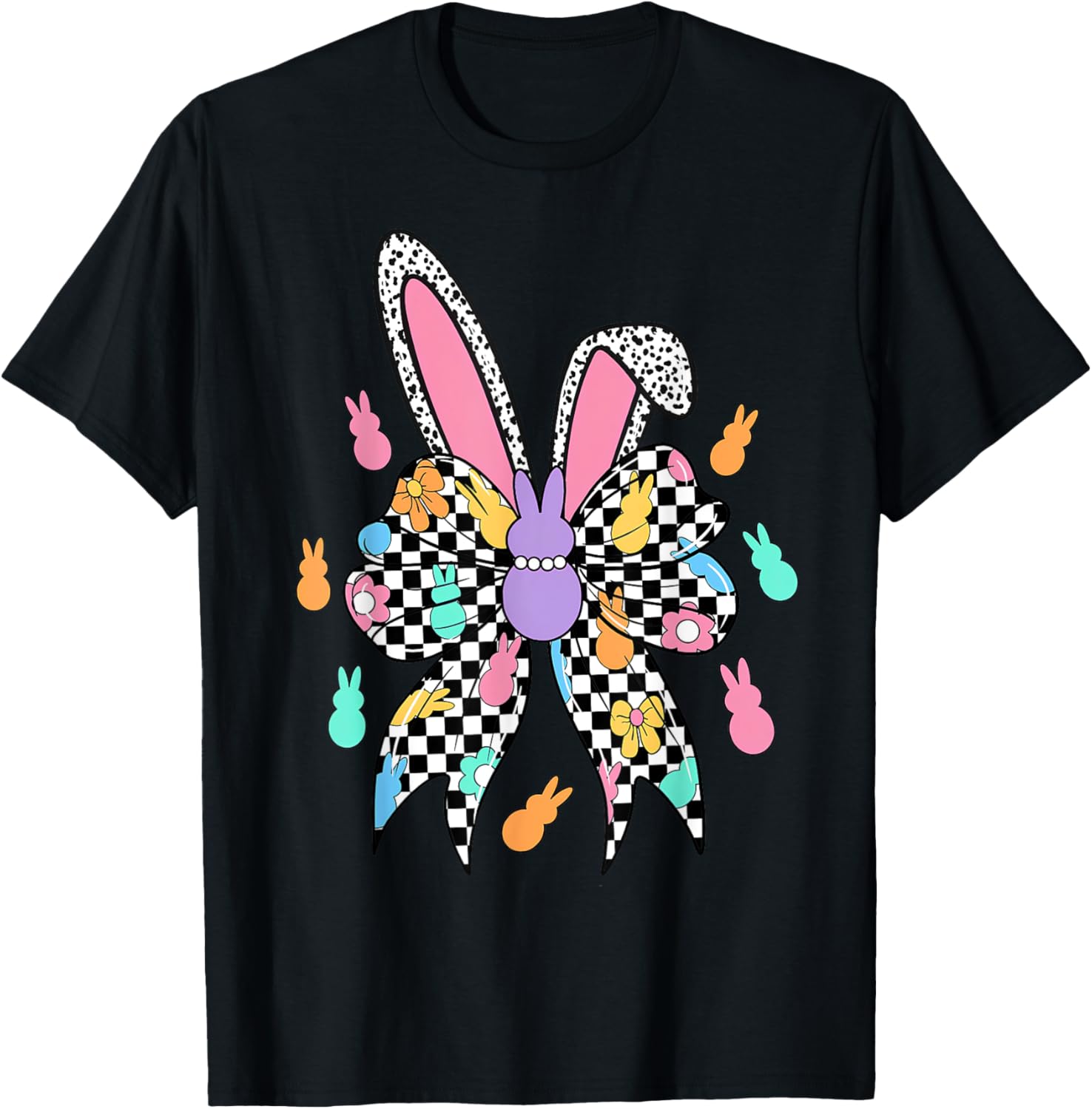Happy Easter Checkered Bunny Bow Ears T-Shirt for Women and Girls - 18