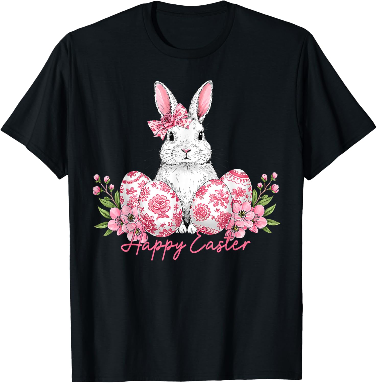 Happy Easter Chinoiserie Bunny T-Shirt with Floral Eggs and Bow Design - 1