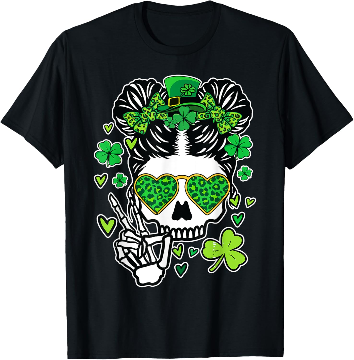 St Patrick's Day Skull Messy Bun Women’s T-Shirt for Festive Style - 17