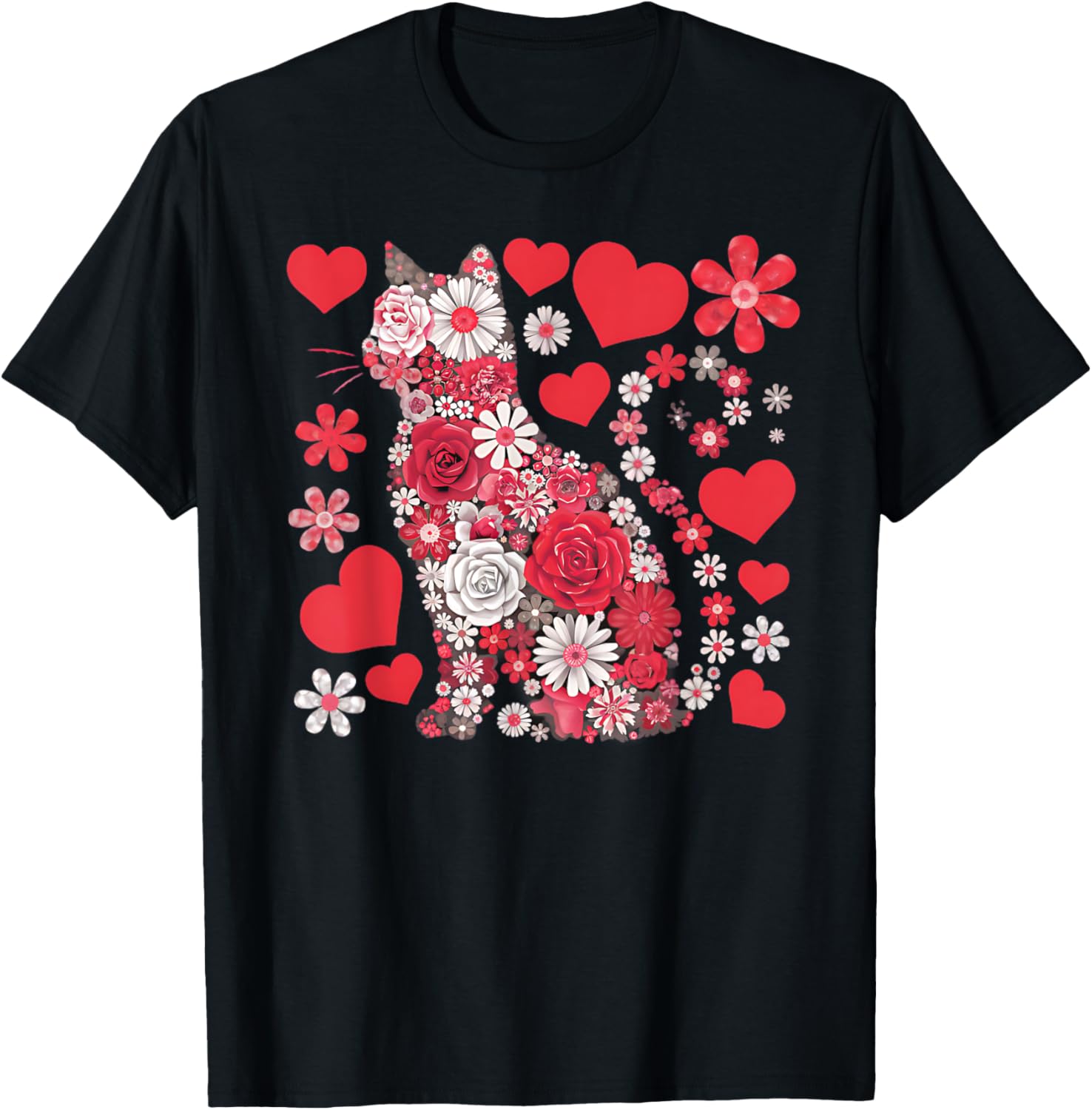 Cute Cat Floral Hearts Valentine’s Day T-Shirt for Kids and Adults - 6