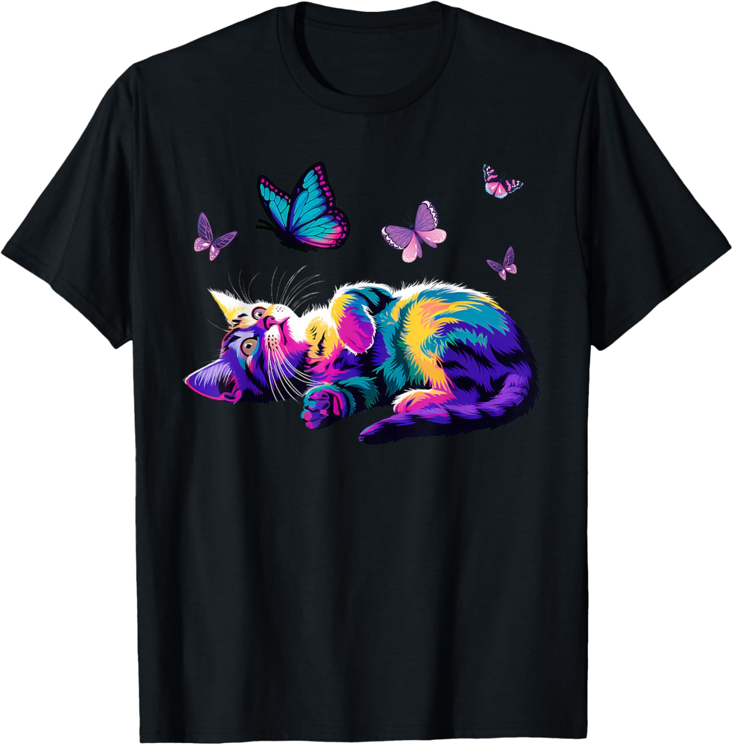 Colorful Cute Cat Playing with Butterfly T-Shirt for Cat Lovers Kids and Adults - 9