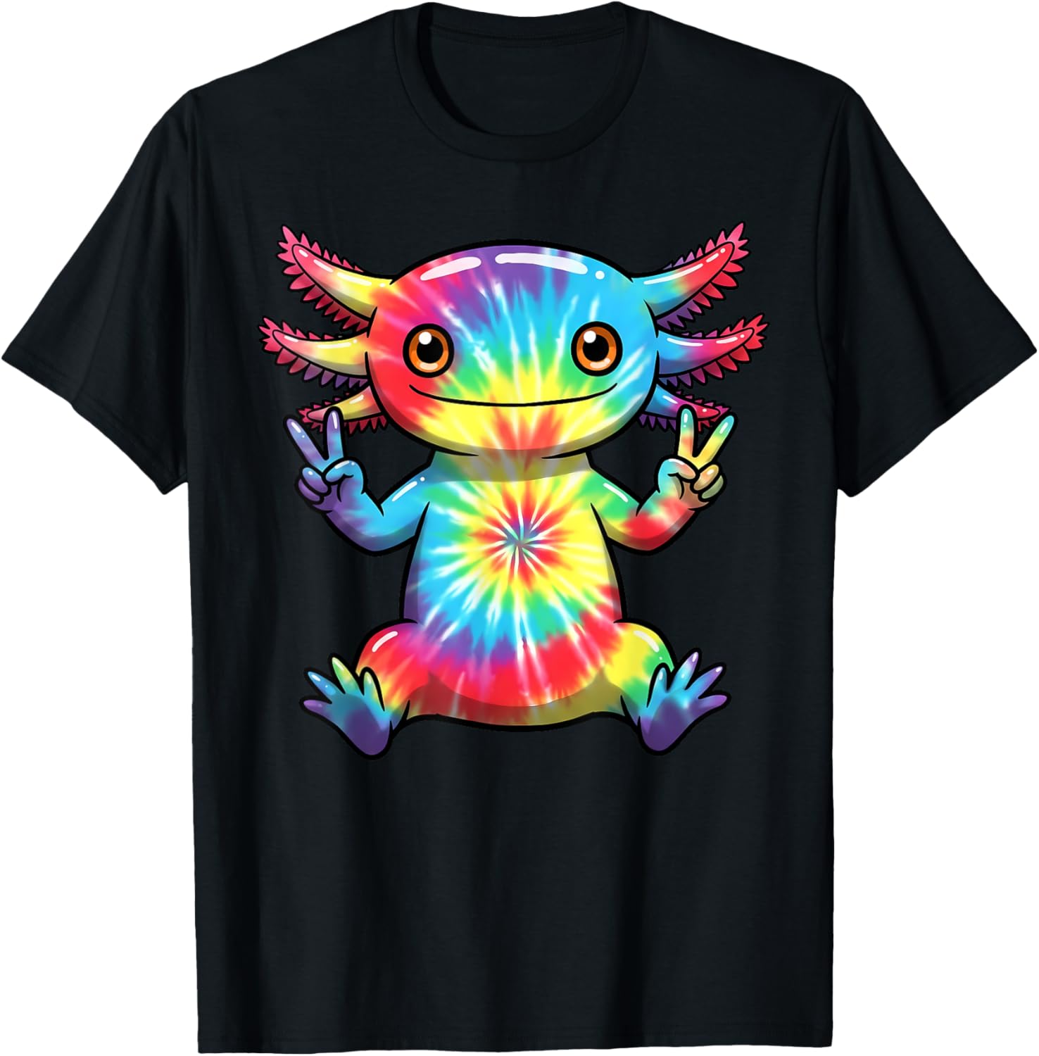 Cute Axolotl Peace Sign Tie-Dye T-Shirt for Colorful Hippie Vibes - 23
