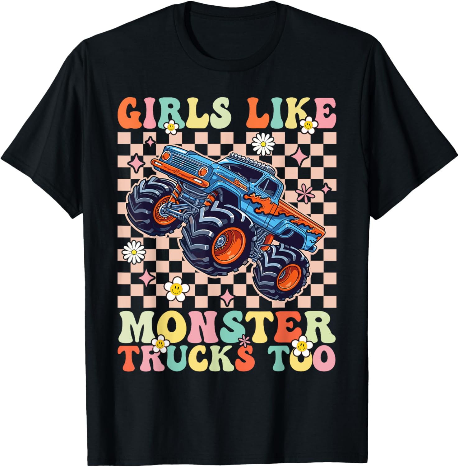 Funny Girls Love Monster Trucks Too Pink T-Shirt for Kids and Teens - 5