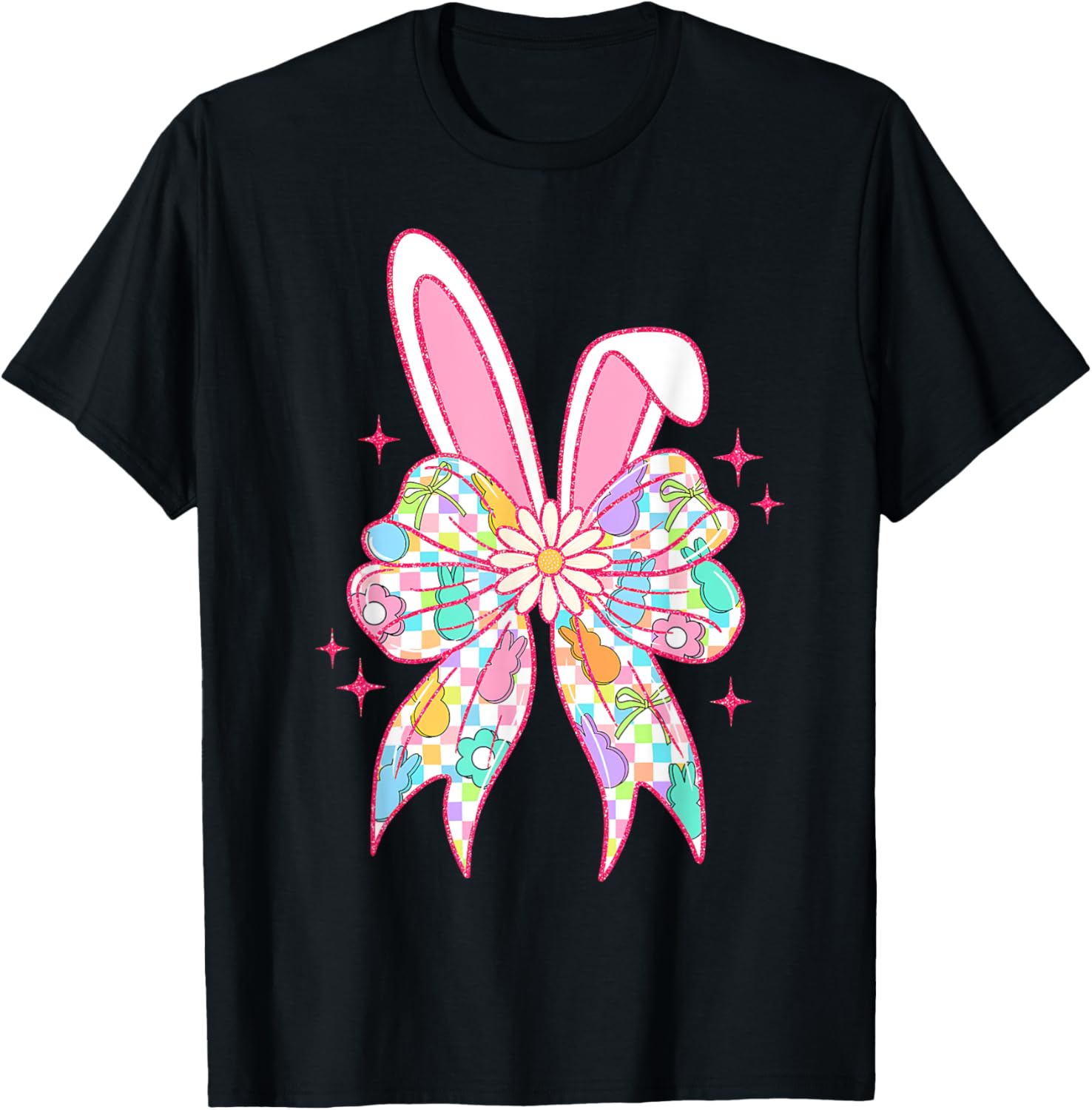 Groovy Checkered Bunny Bow Ears T-Shirt for Girls and Teens - 19