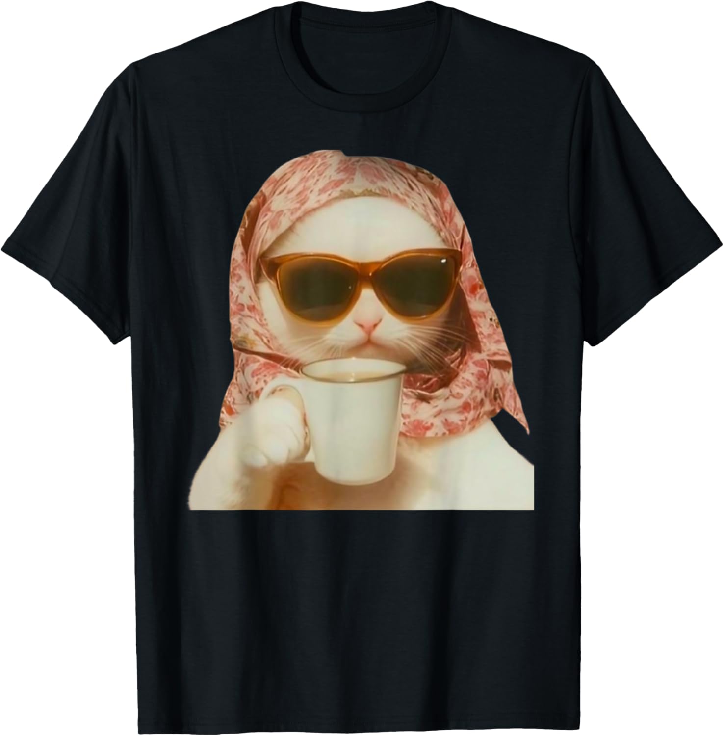 Funny Cat with Glasses and Headscarf Holding Cup T-Shirt for All Ages - 9