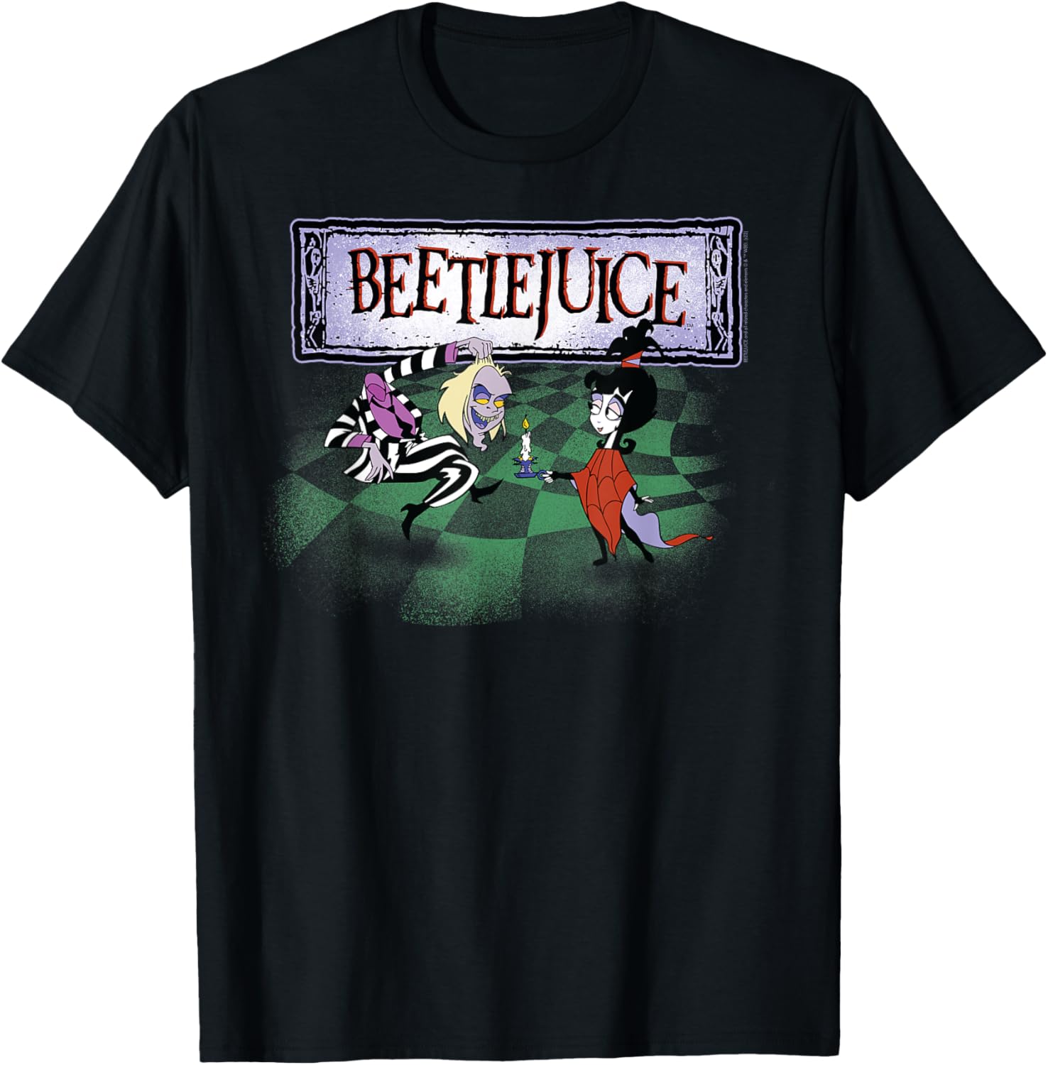 Beetlejuice Checkerboard T-Shirt Featuring Beetlejuice and Lydia Cartoon - 1