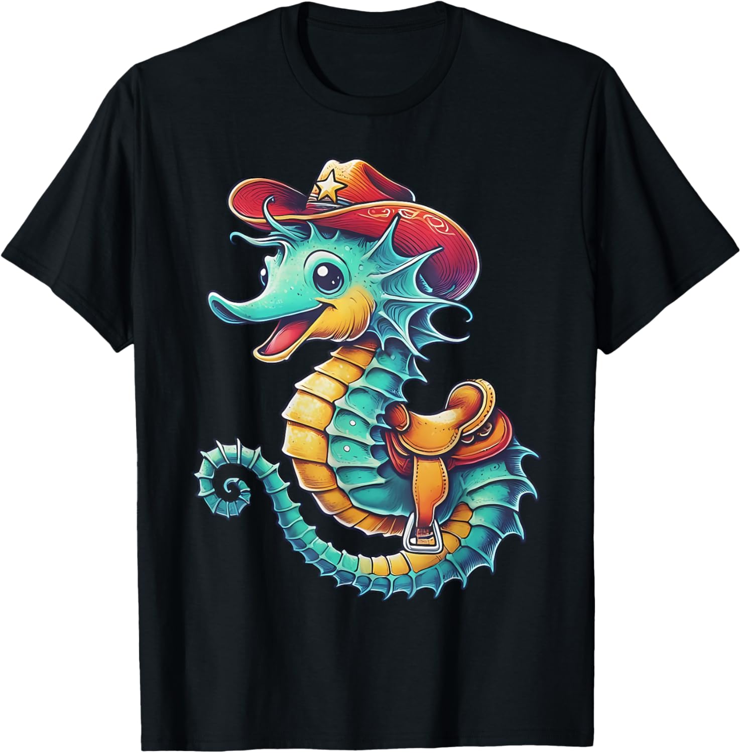 Colorful Cowboy Seahorse Ocean Rodeo T-Shirt for Fun Sea Adventures - 13