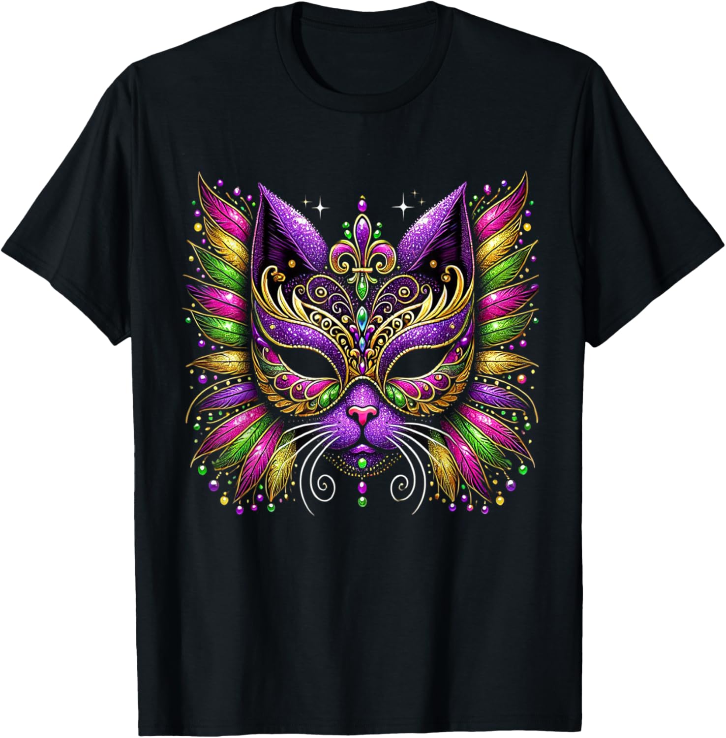 Mardi Gras Cat Mask T-Shirt for Women and Kids Perfect for 2025 Celebrations - 1