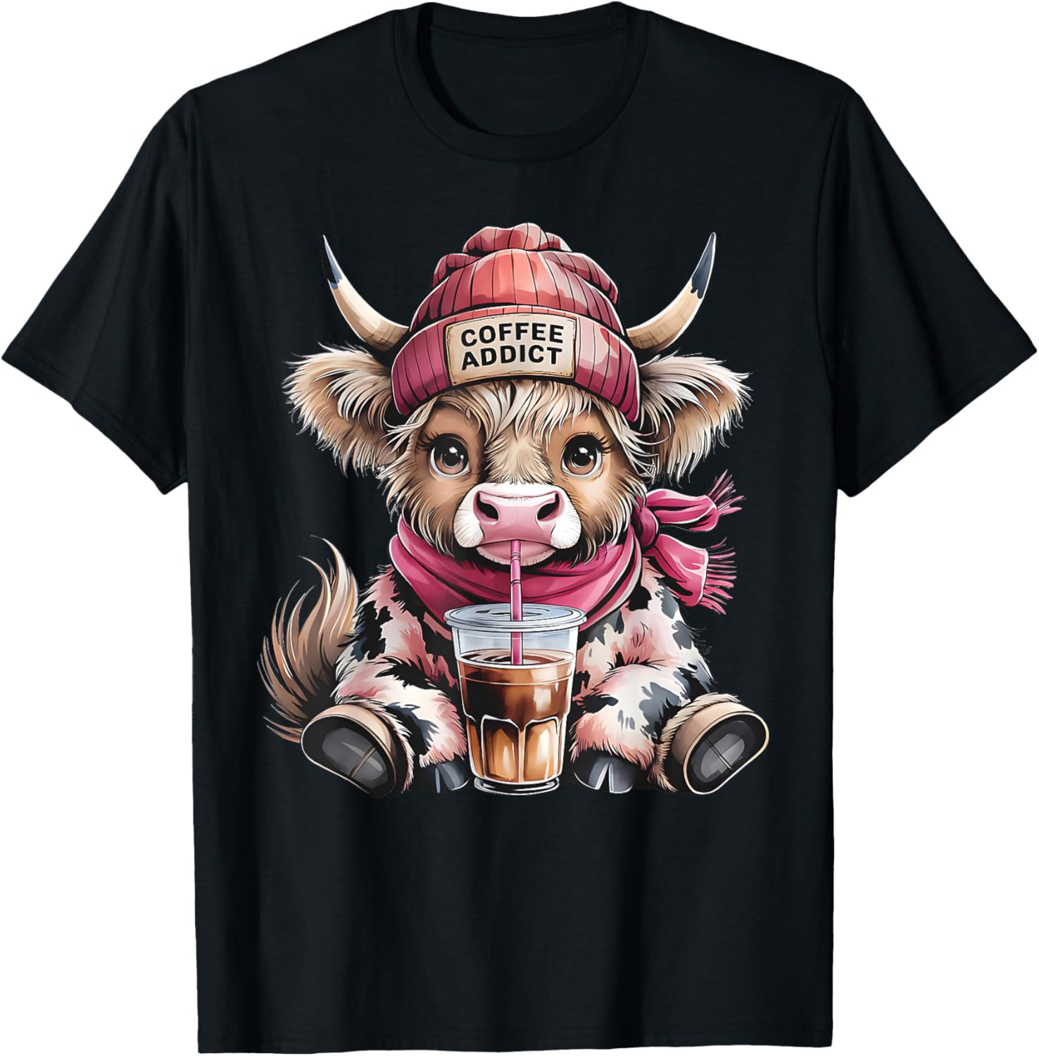 Cute Highland Cow Coffee Addict T-Shirt for Women with Beanie Hat - 6