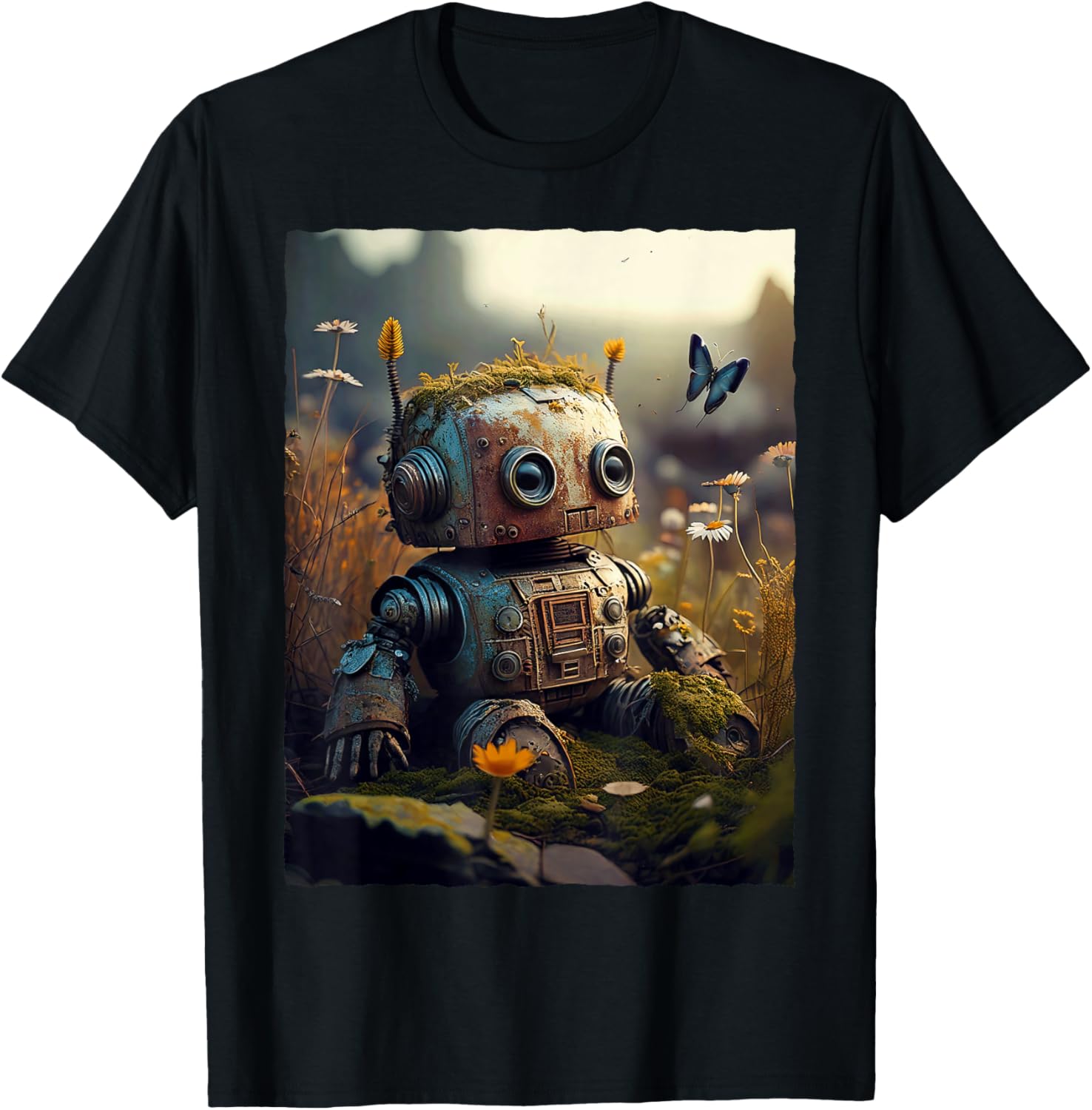 Adorable Robot in Nature with Flowers and Butterfly T-Shirt for Kids - 1