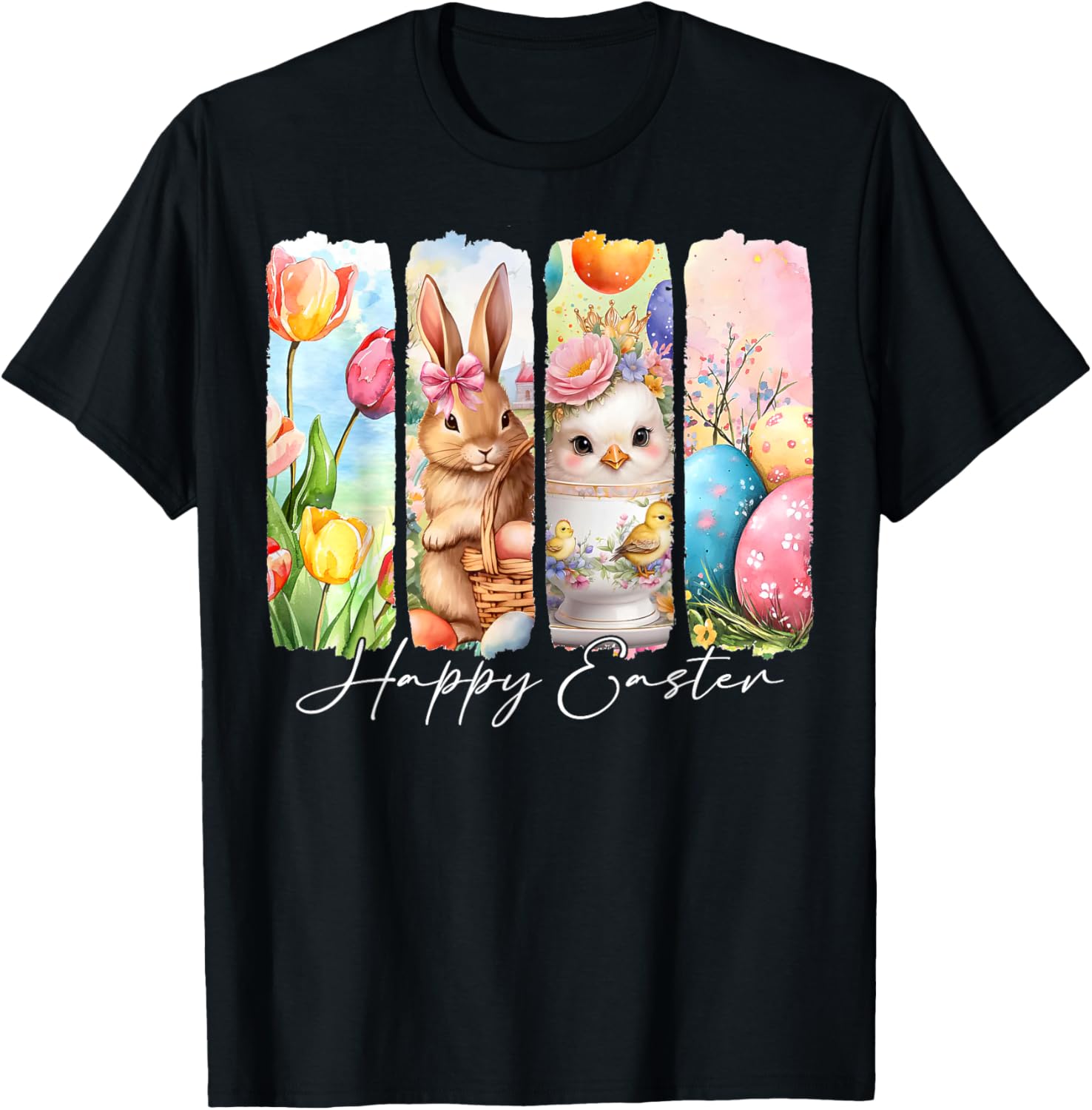 Retro Bunny and Chick Happy Easter T-Shirt with Floral Design - 3