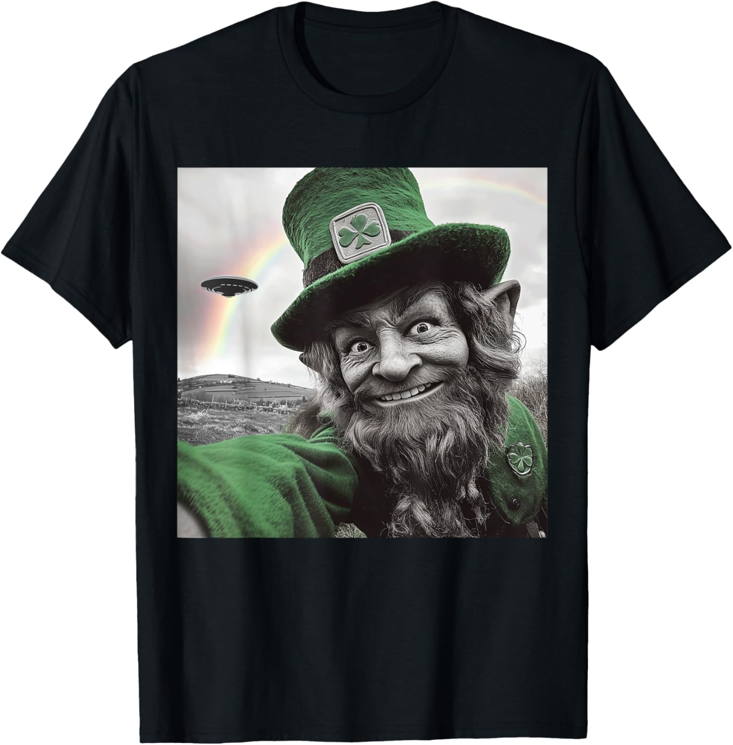 Funny St Patricks Day Rainbow Leprechaun UFO Selfie T-Shirt for Everyone - 11
