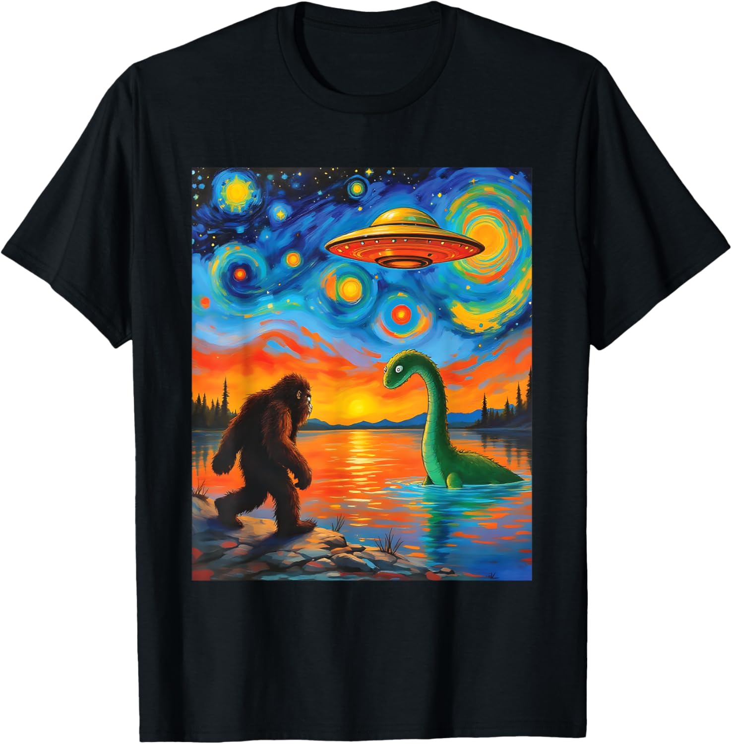 Bigfoot UFO Alien Encounter T-Shirt Inspired by Van Gogh's Starry Night - 24