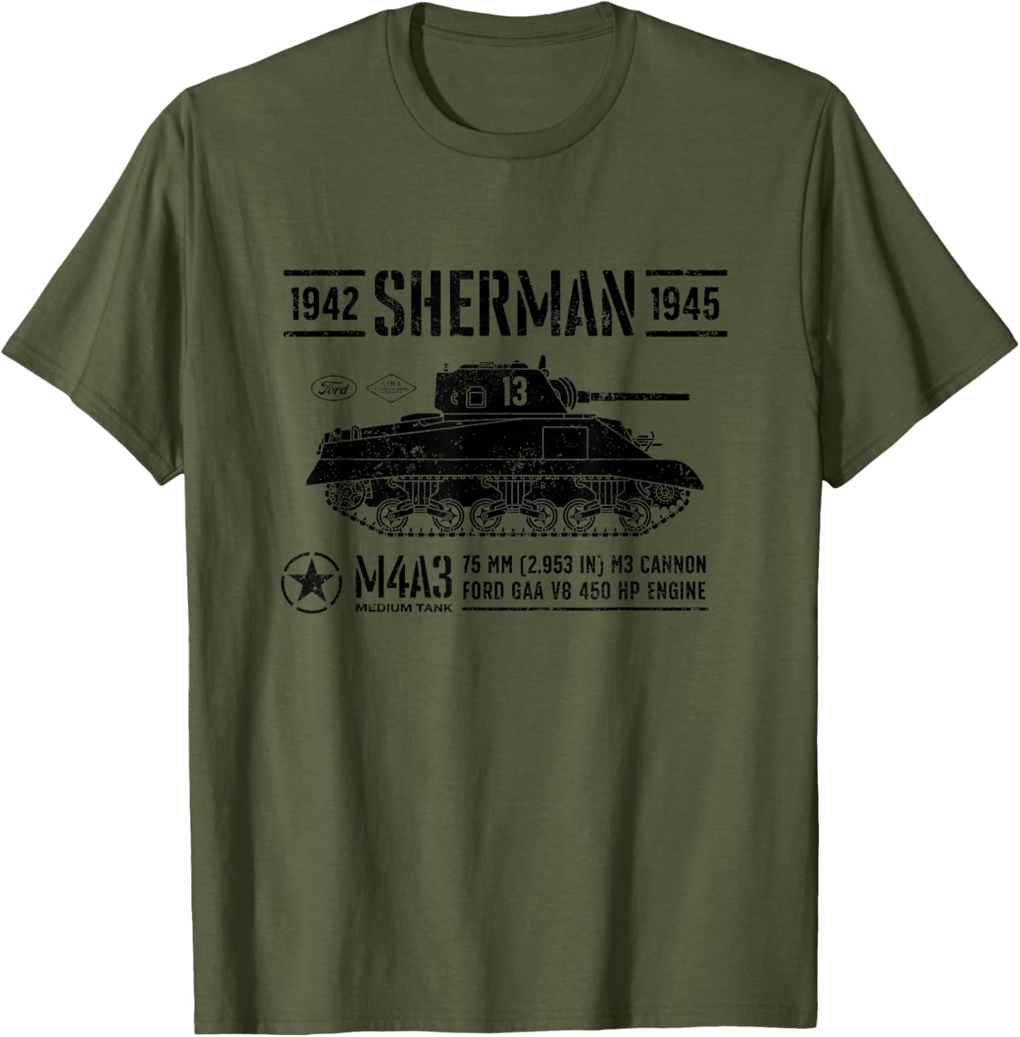 Sherman M4A3 WWII Vintage Tank T-Shirt for Military History Fans - 4